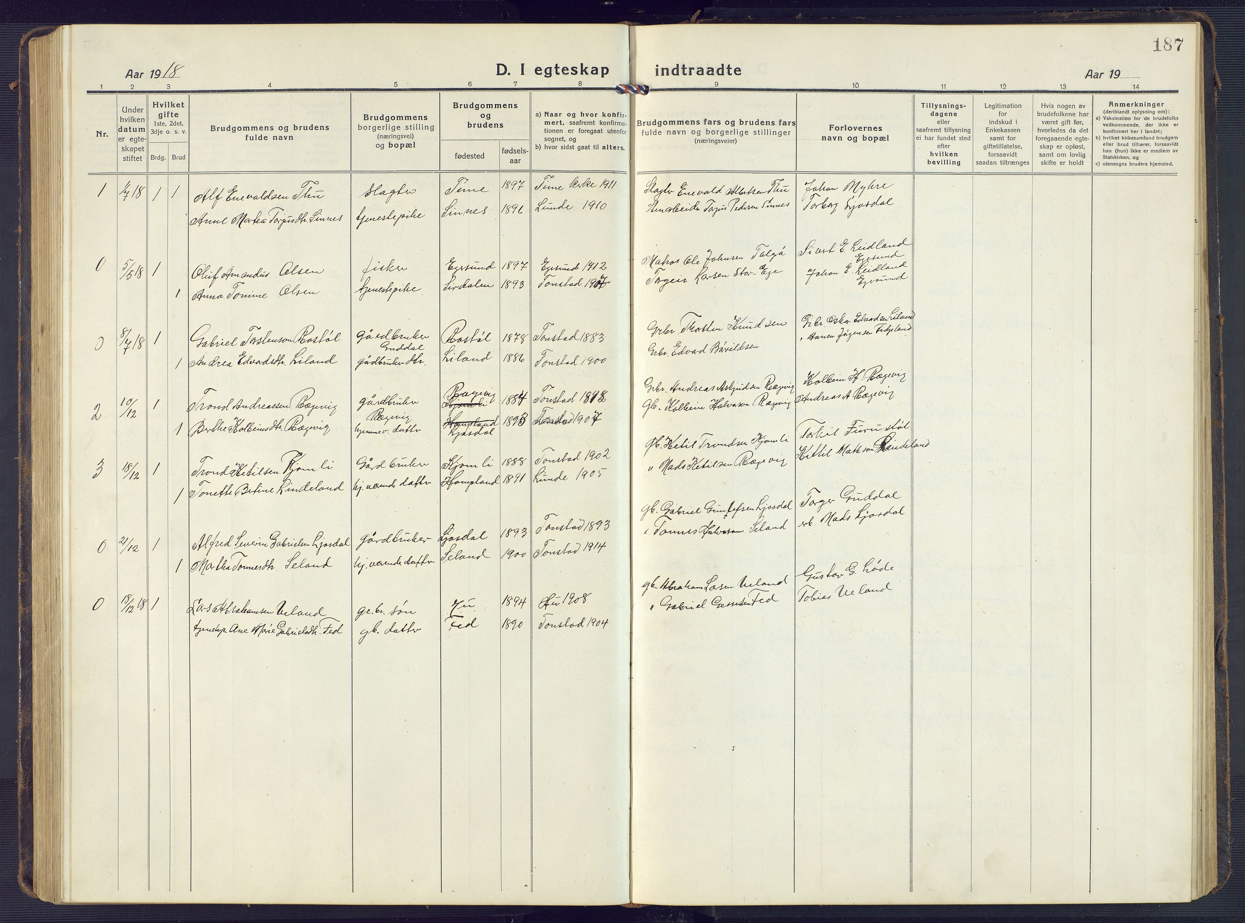 Sirdal sokneprestkontor, AV/SAK-1111-0036/F/Fb/Fbb/L0005: Parish register (copy) no. B 5, 1916-1960, p. 187