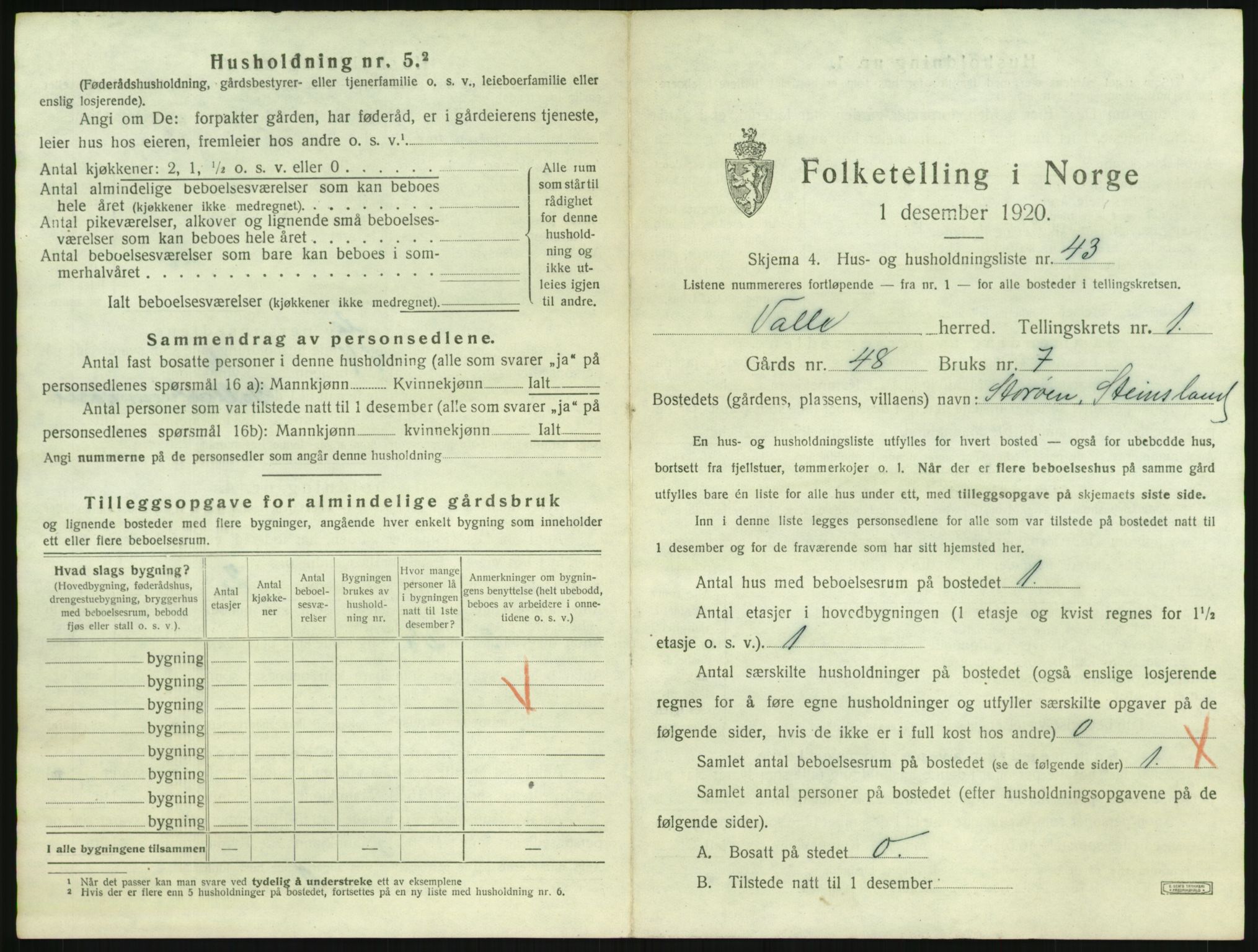 SAK, 1920 census for Valle, 1920, p. 109