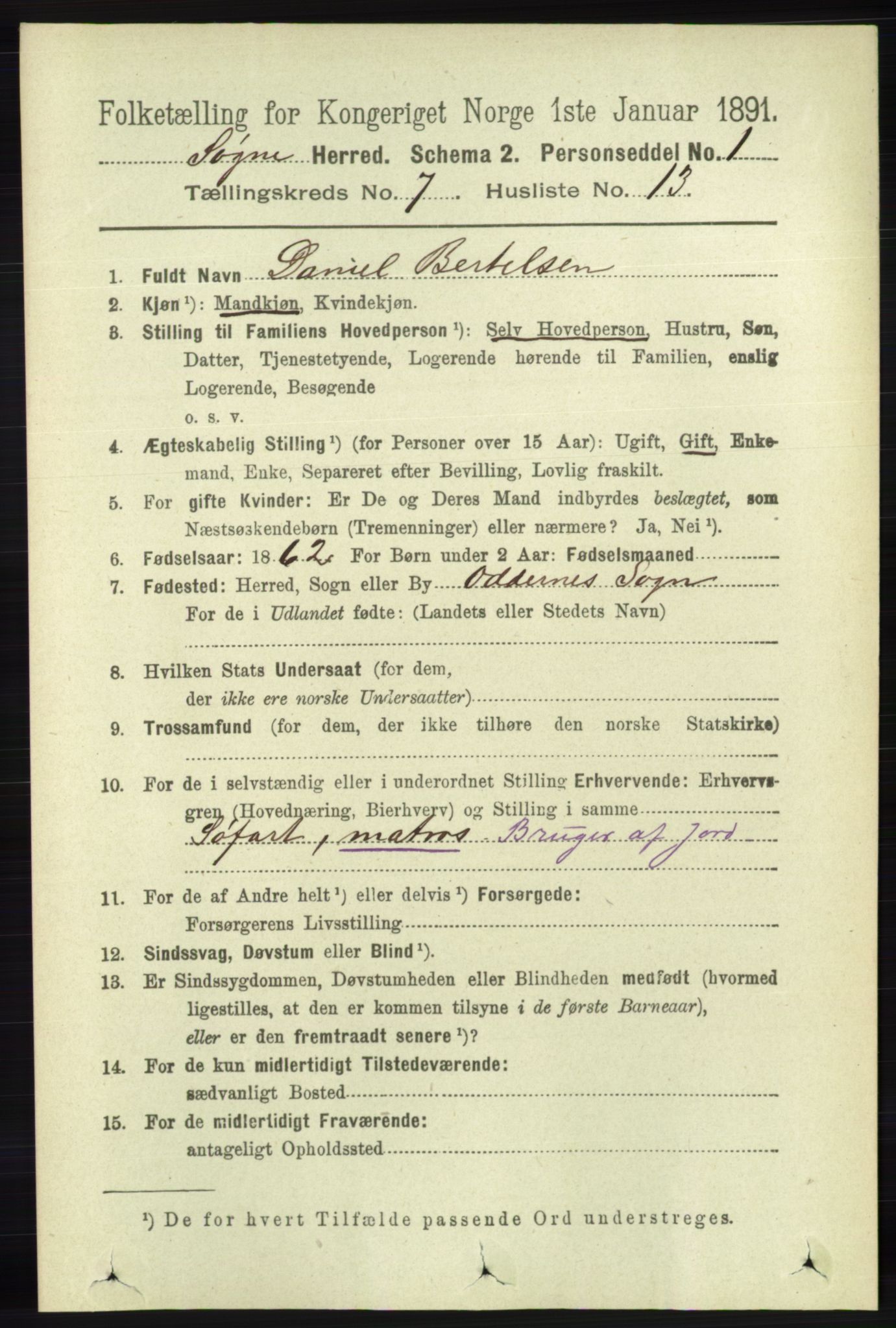 RA, 1891 census for 1018 Søgne, 1891, p. 1605