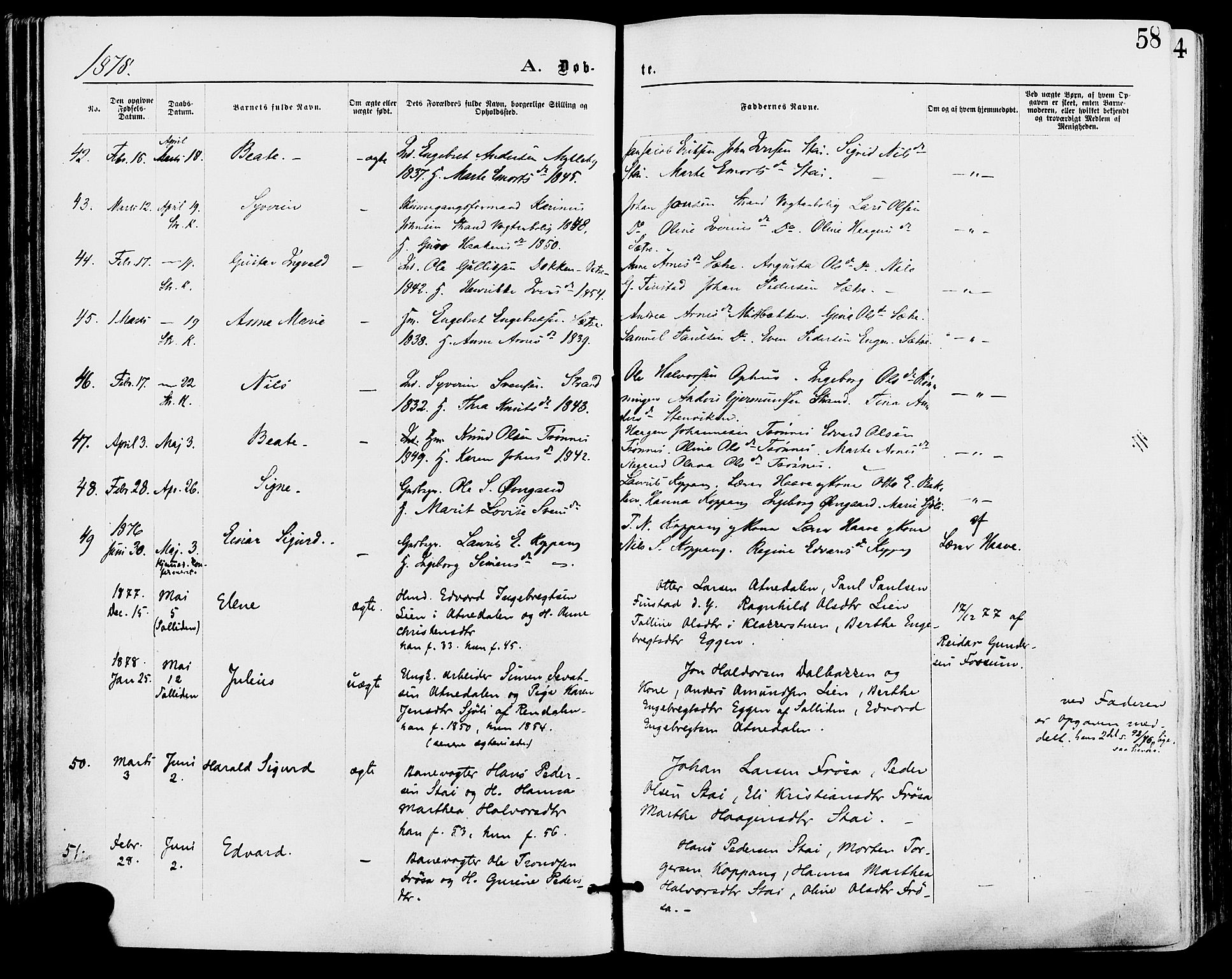 Stor-Elvdal prestekontor, SAH/PREST-052/H/Ha/Haa/L0001: Parish register (official) no. 1, 1871-1882, p. 58