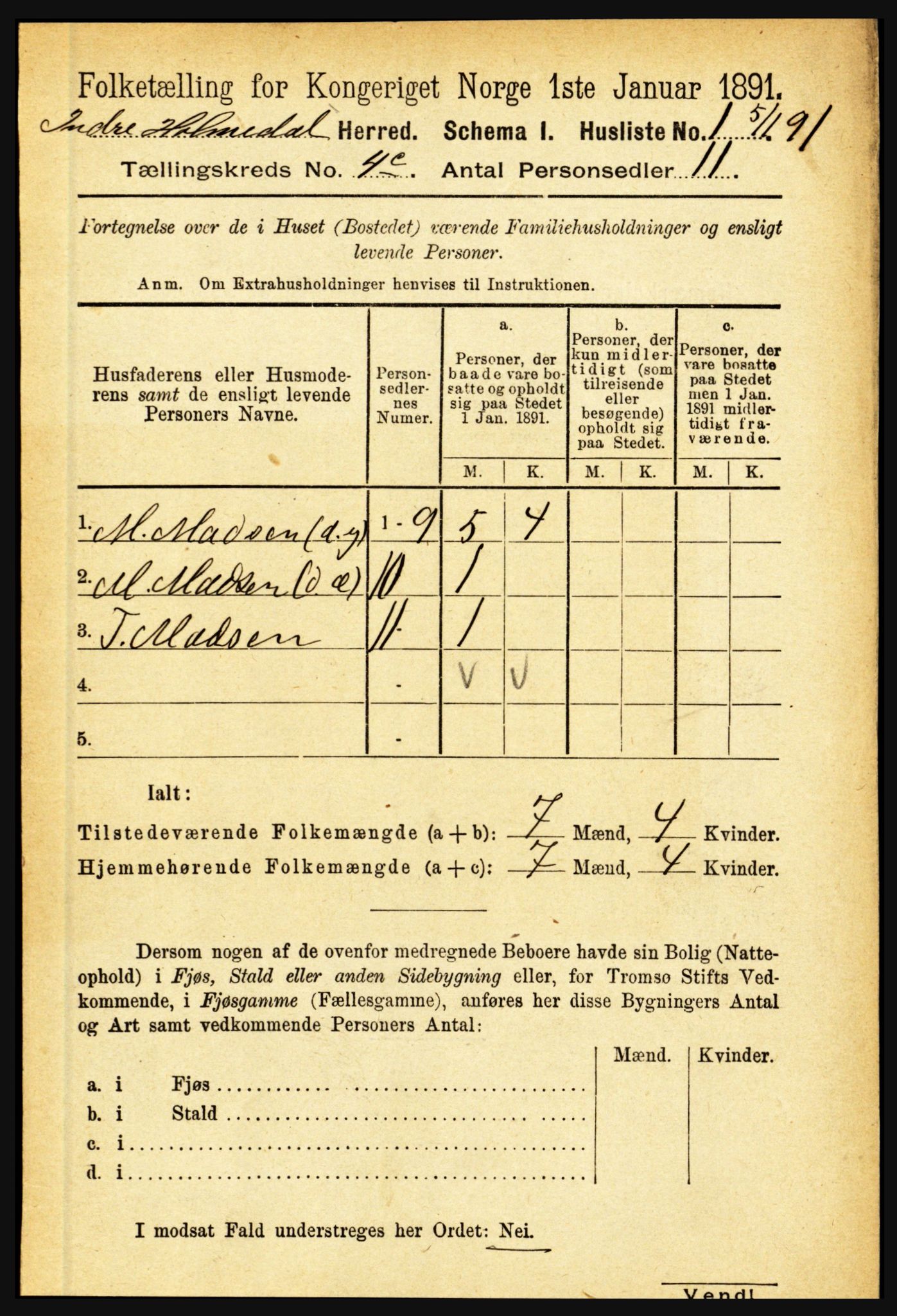 RA, 1891 census for 1430 Indre Holmedal, 1891, p. 1607