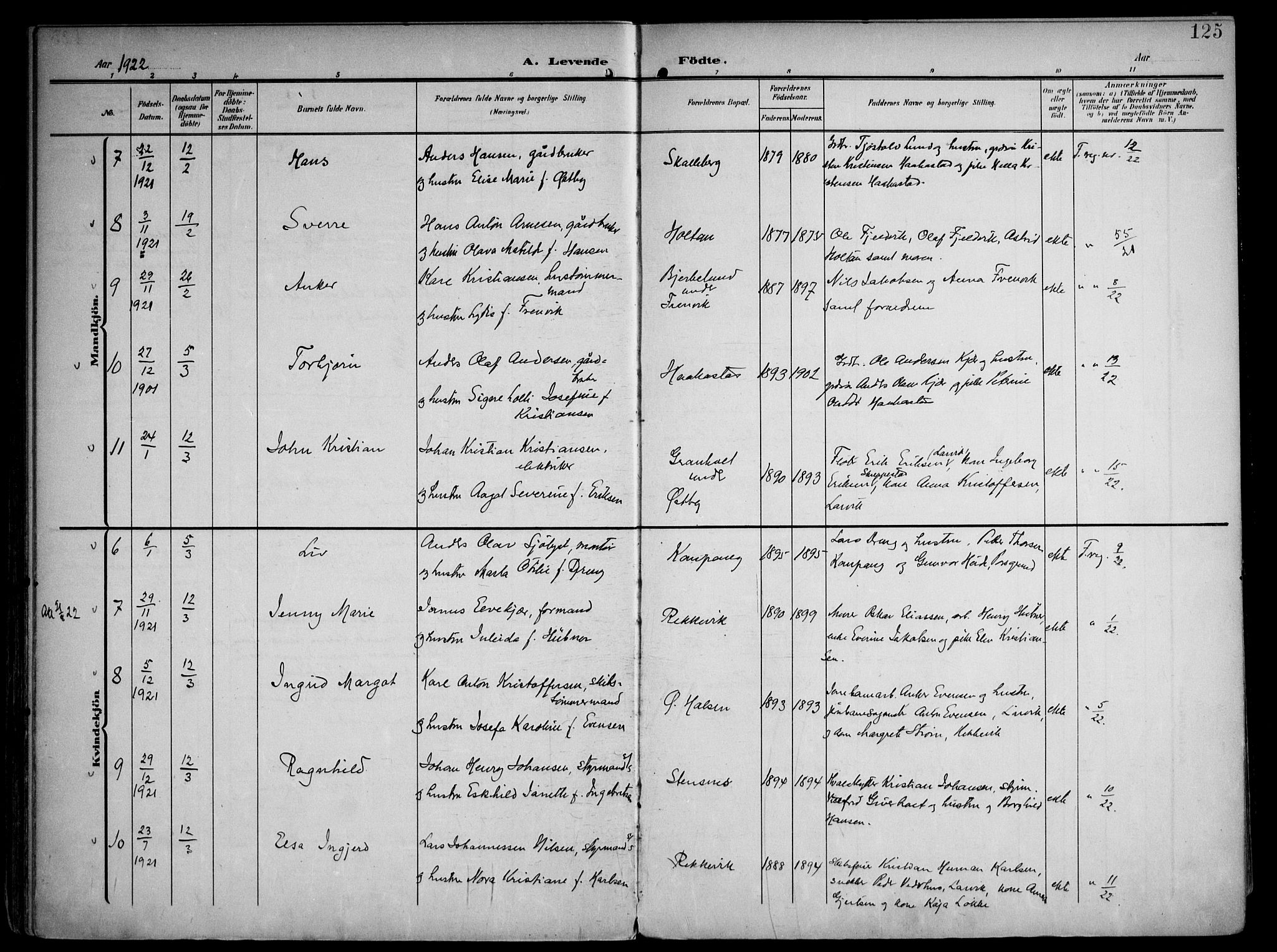 Tjølling kirkebøker, AV/SAKO-A-60/F/Fa/L0010: Parish register (official) no. 10, 1906-1923, p. 125