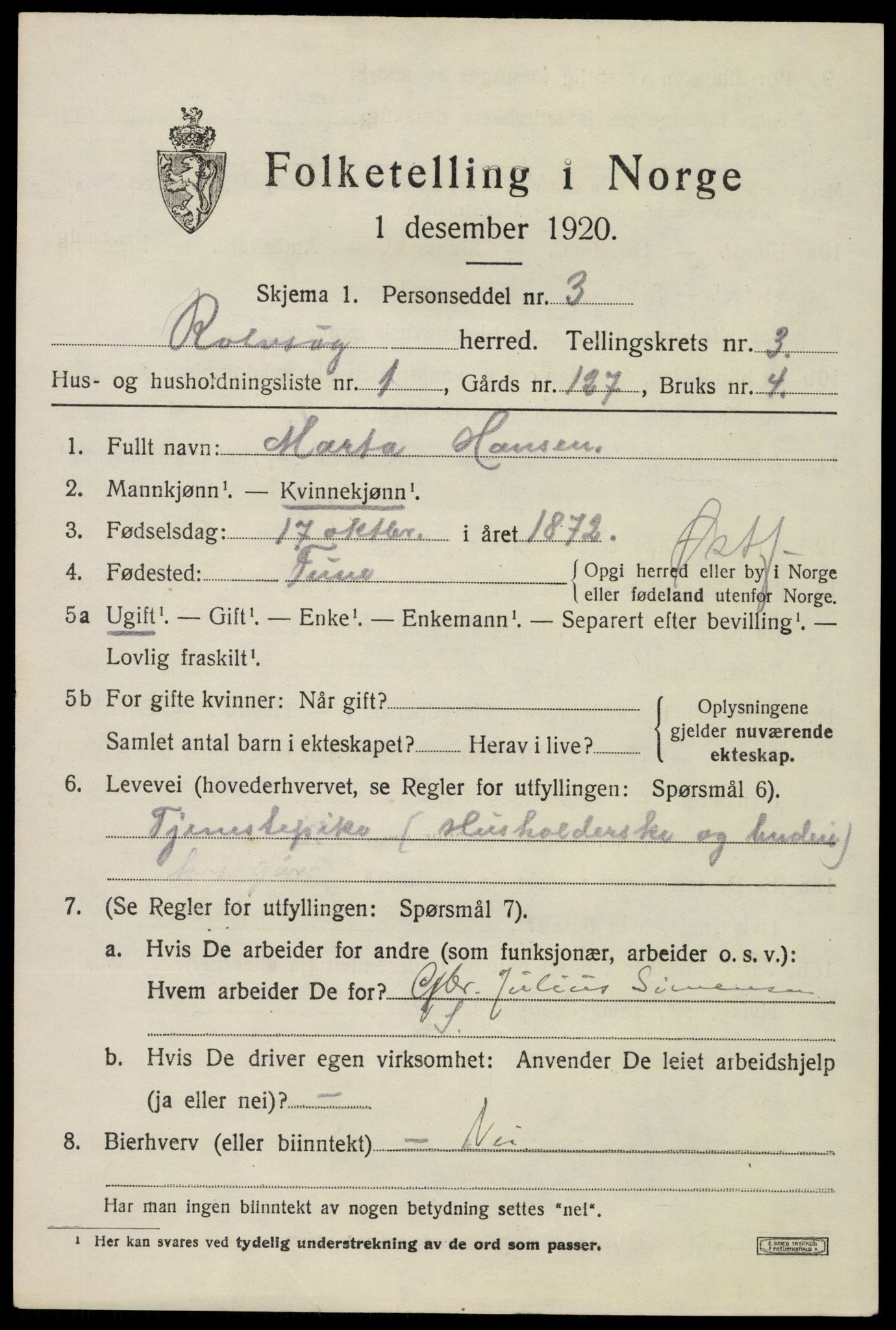 SAO, 1920 census for Rolvsøy, 1920, p. 2833