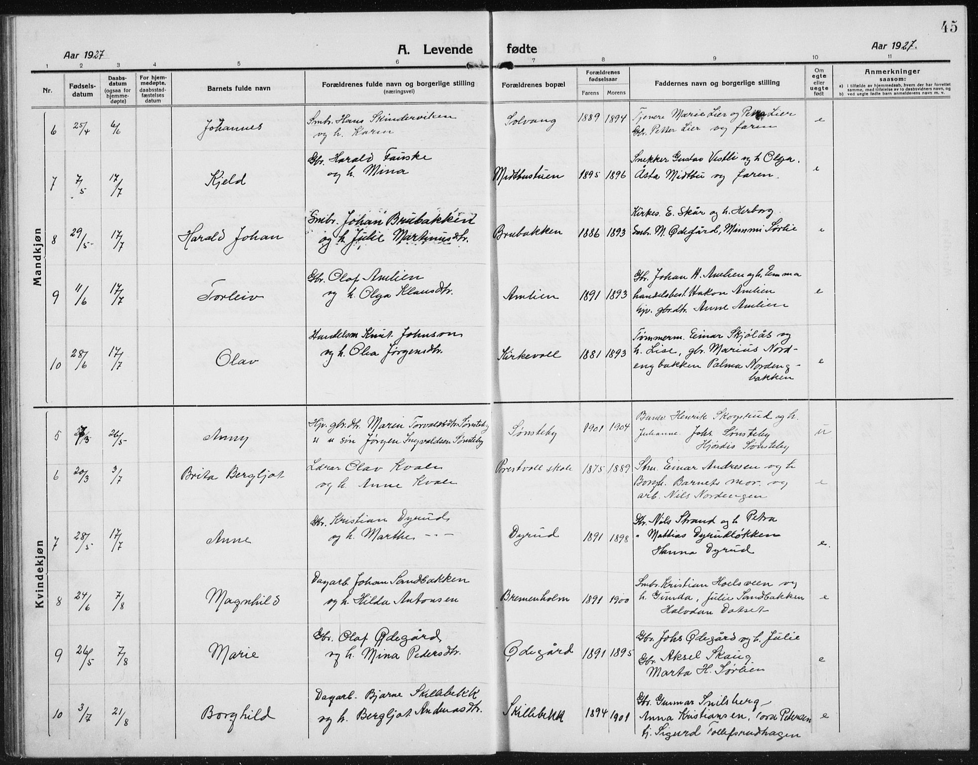 Kolbu prestekontor, SAH/PREST-110/H/Ha/Hab/L0006: Parish register (copy) no. 6, 1916-1934, p. 45
