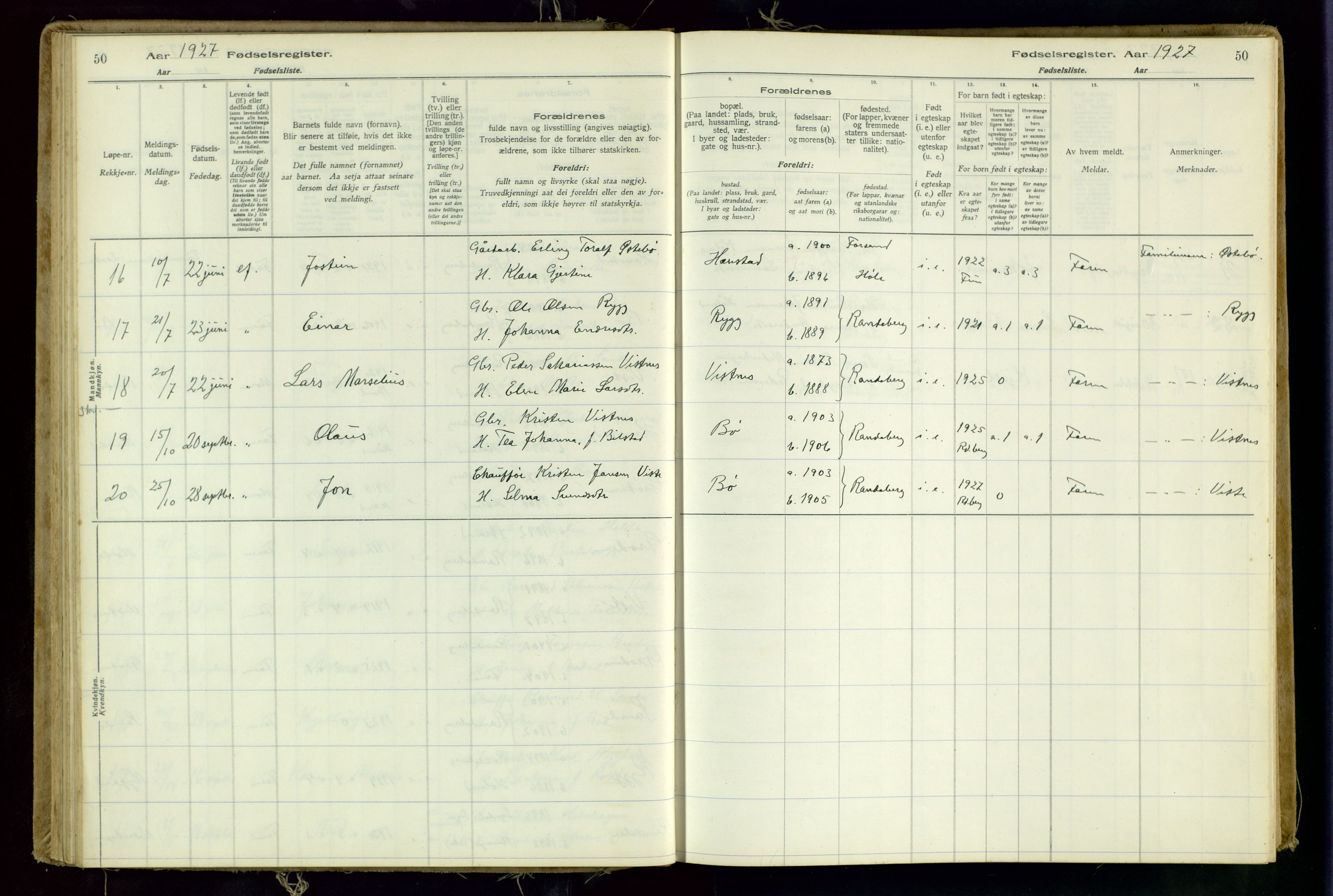 Hetland sokneprestkontor, AV/SAST-A-101826/70/704BA/L0001: Birth register no. 1, 1916-1954, p. 50