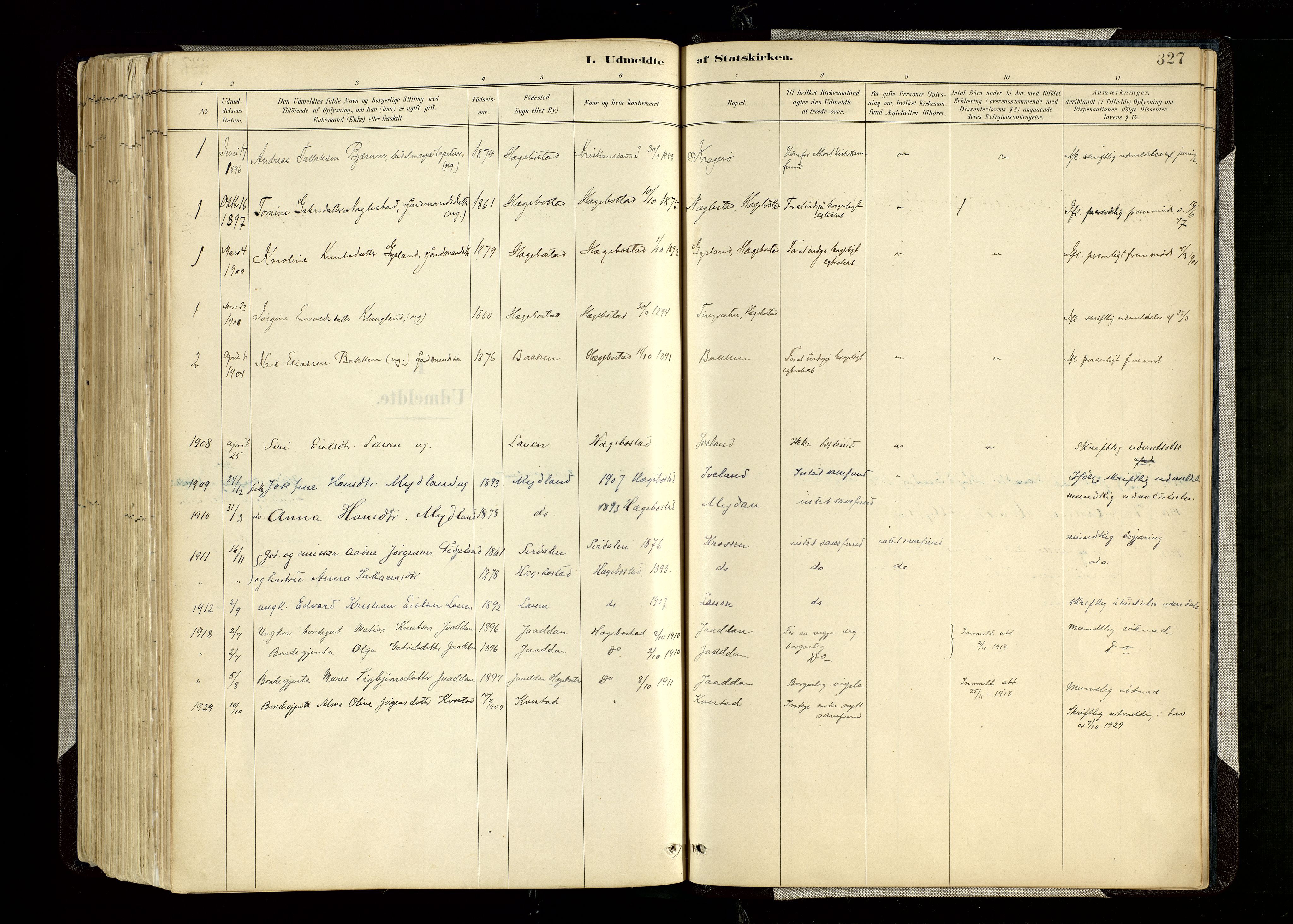Hægebostad sokneprestkontor, SAK/1111-0024/F/Fa/Faa/L0006: Parish register (official) no. A 6, 1887-1929, p. 327