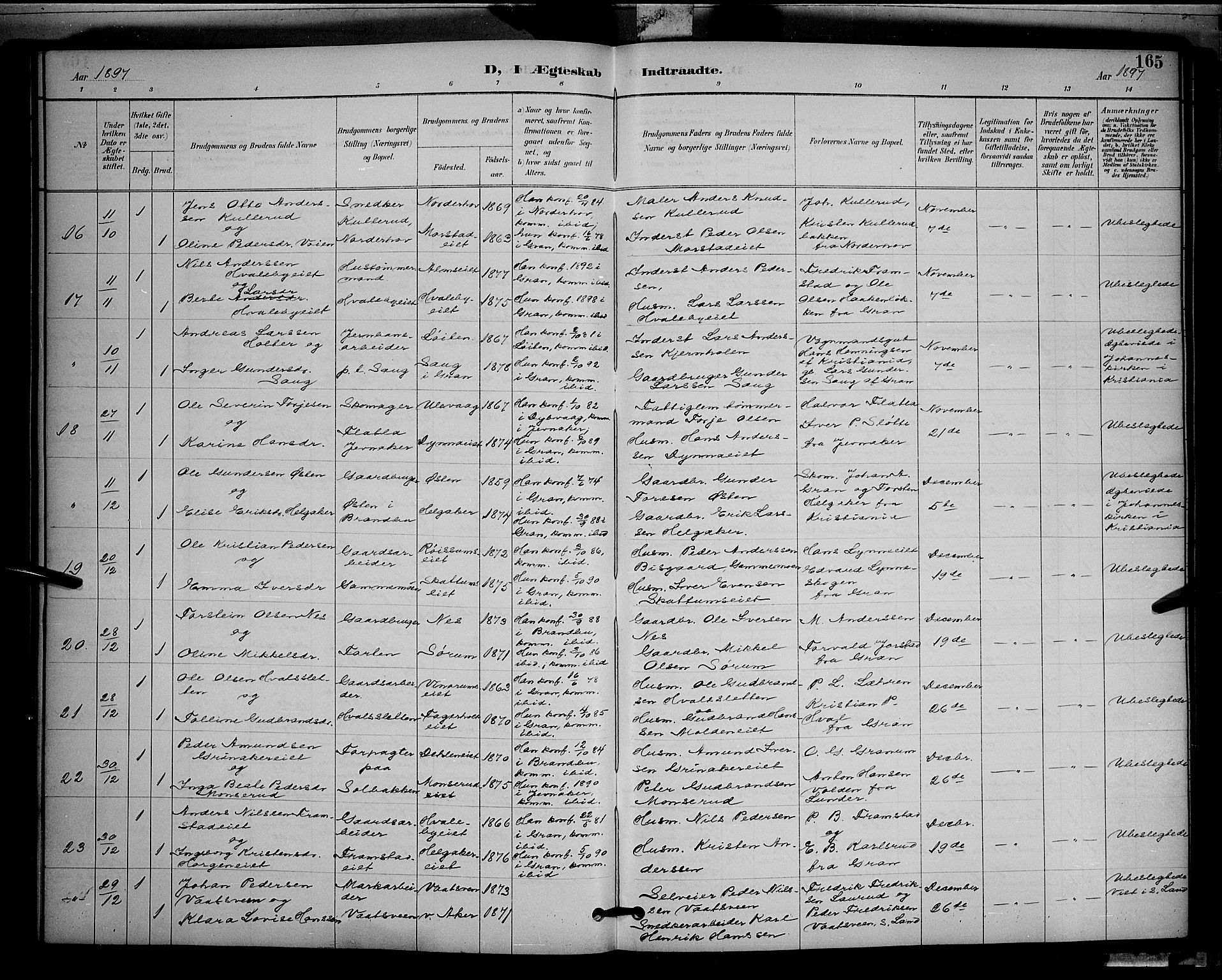 Gran prestekontor, AV/SAH-PREST-112/H/Ha/Hab/L0005: Parish register (copy) no. 5, 1892-1900, p. 165