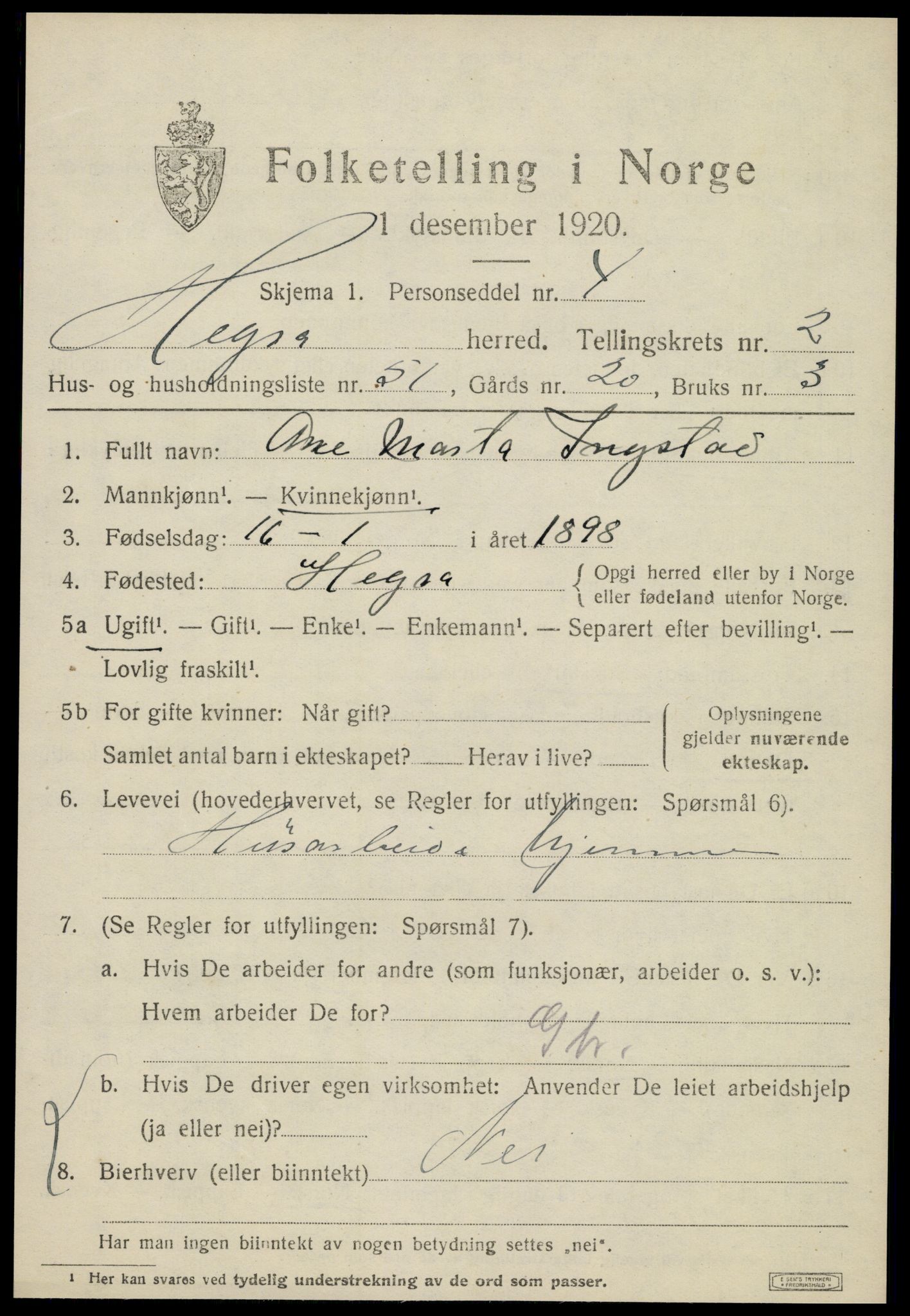 SAT, 1920 census for Hegra, 1920, p. 2162