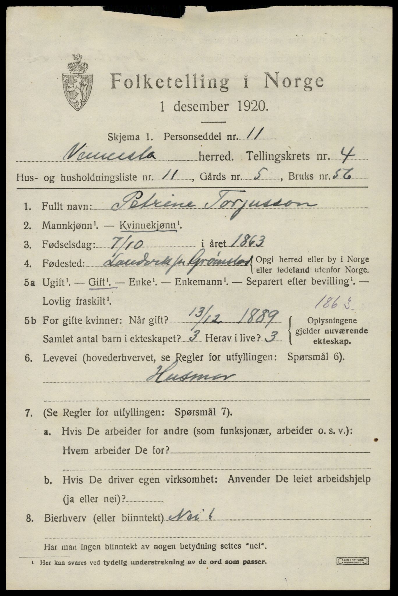 SAK, 1920 census for Vennesla, 1920, p. 2990