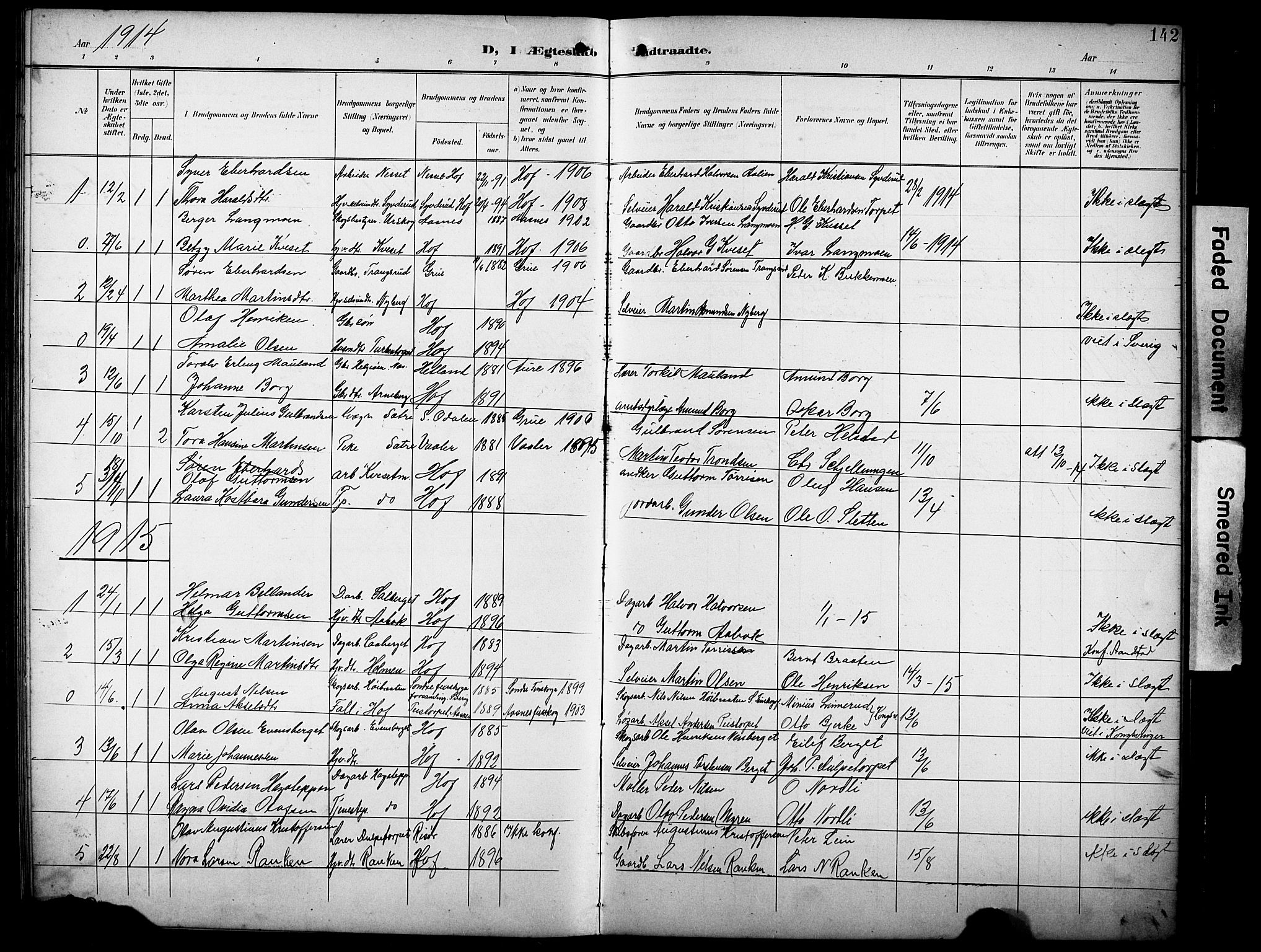 Hof prestekontor, SAH/PREST-038/H/Ha/Hab/L0005: Parish register (copy) no. 5, 1899-1916, p. 142