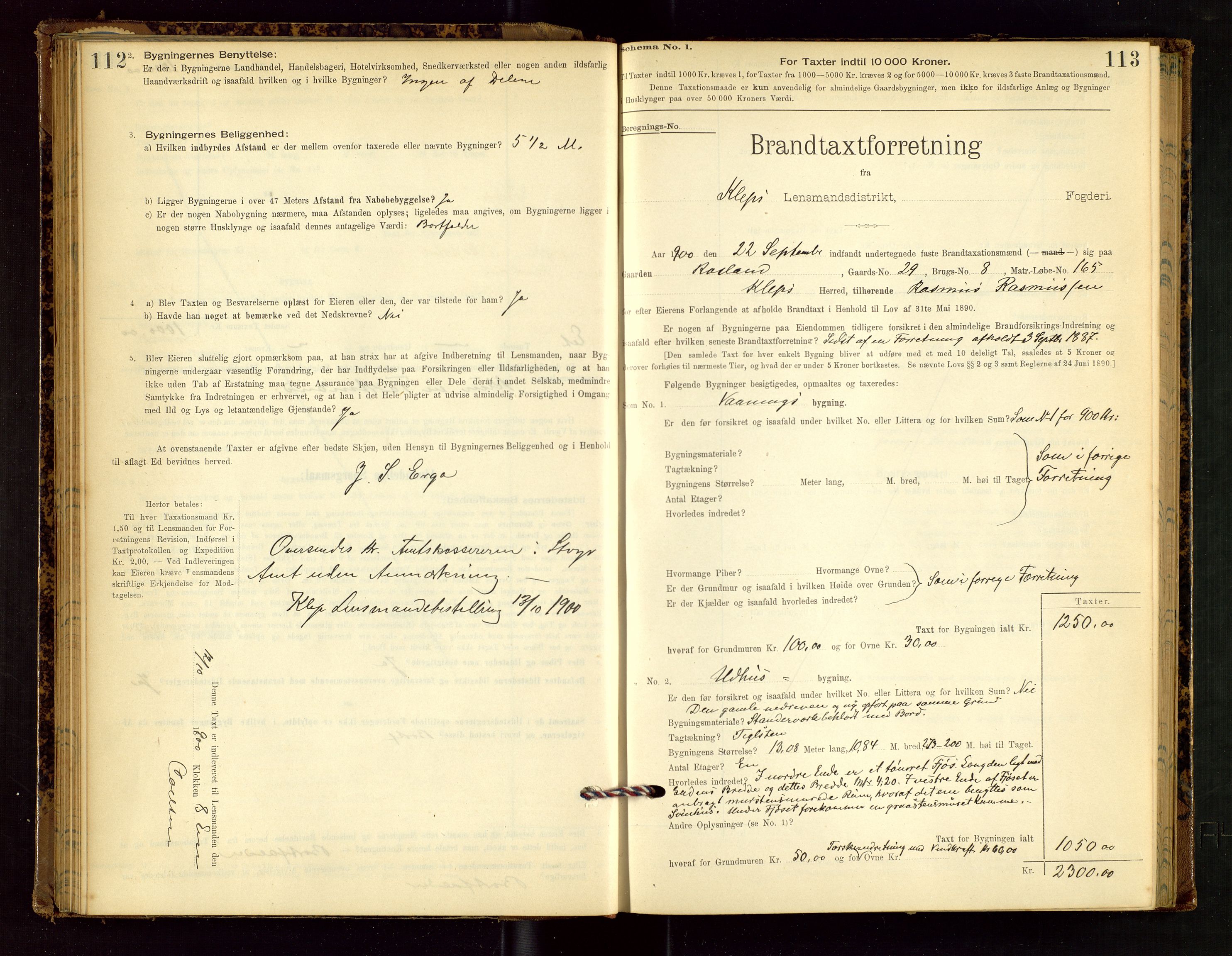 Klepp lensmannskontor, AV/SAST-A-100163/Goc/L0002: "Brandtaxationsprotokol" m/register, 1898-1902, p. 112-113