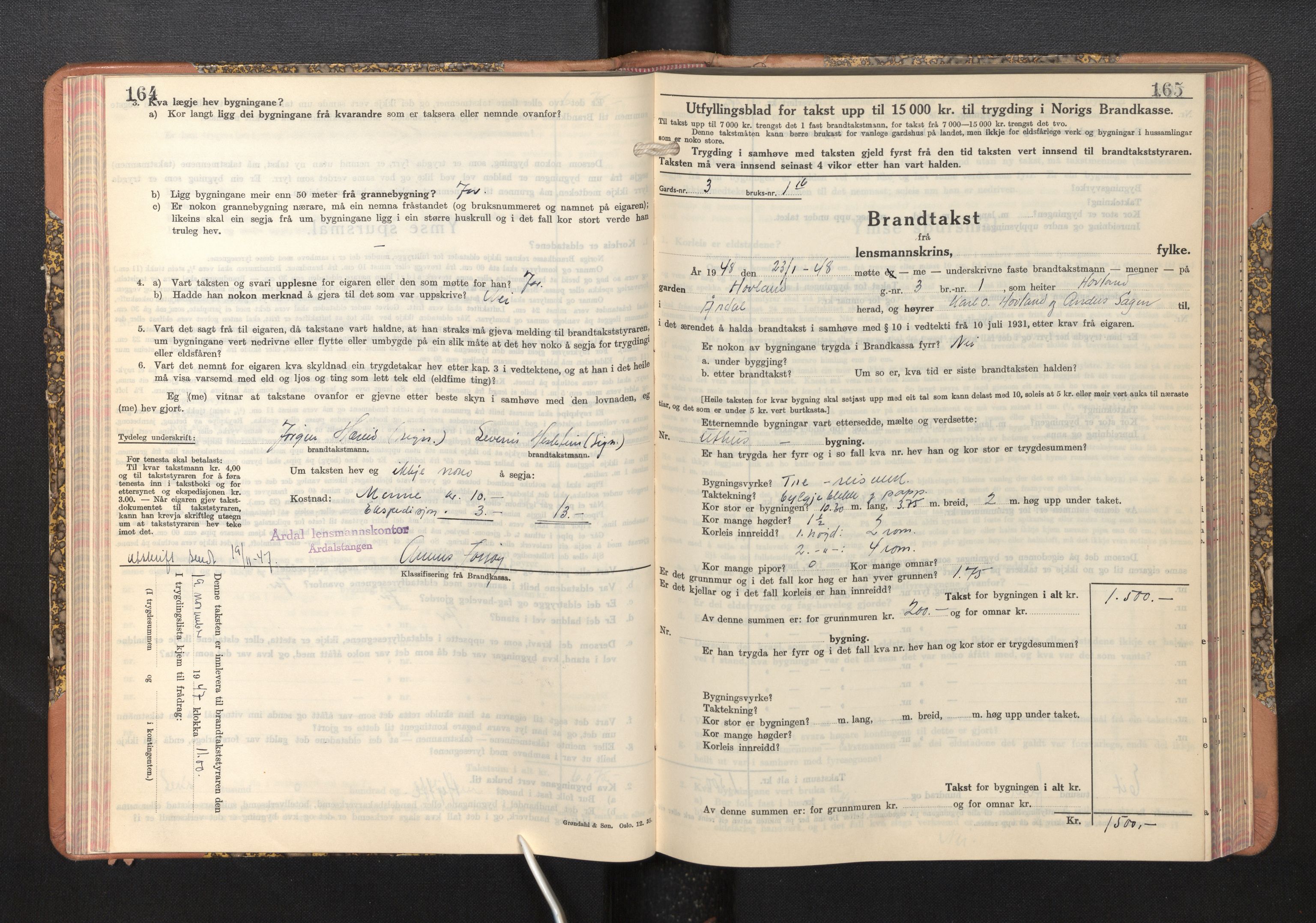 Lensmannen i Årdal, AV/SAB-A-30501/0012/L0011: Branntakstprotokoll, skjematakst, 1939-1948, p. 164-165