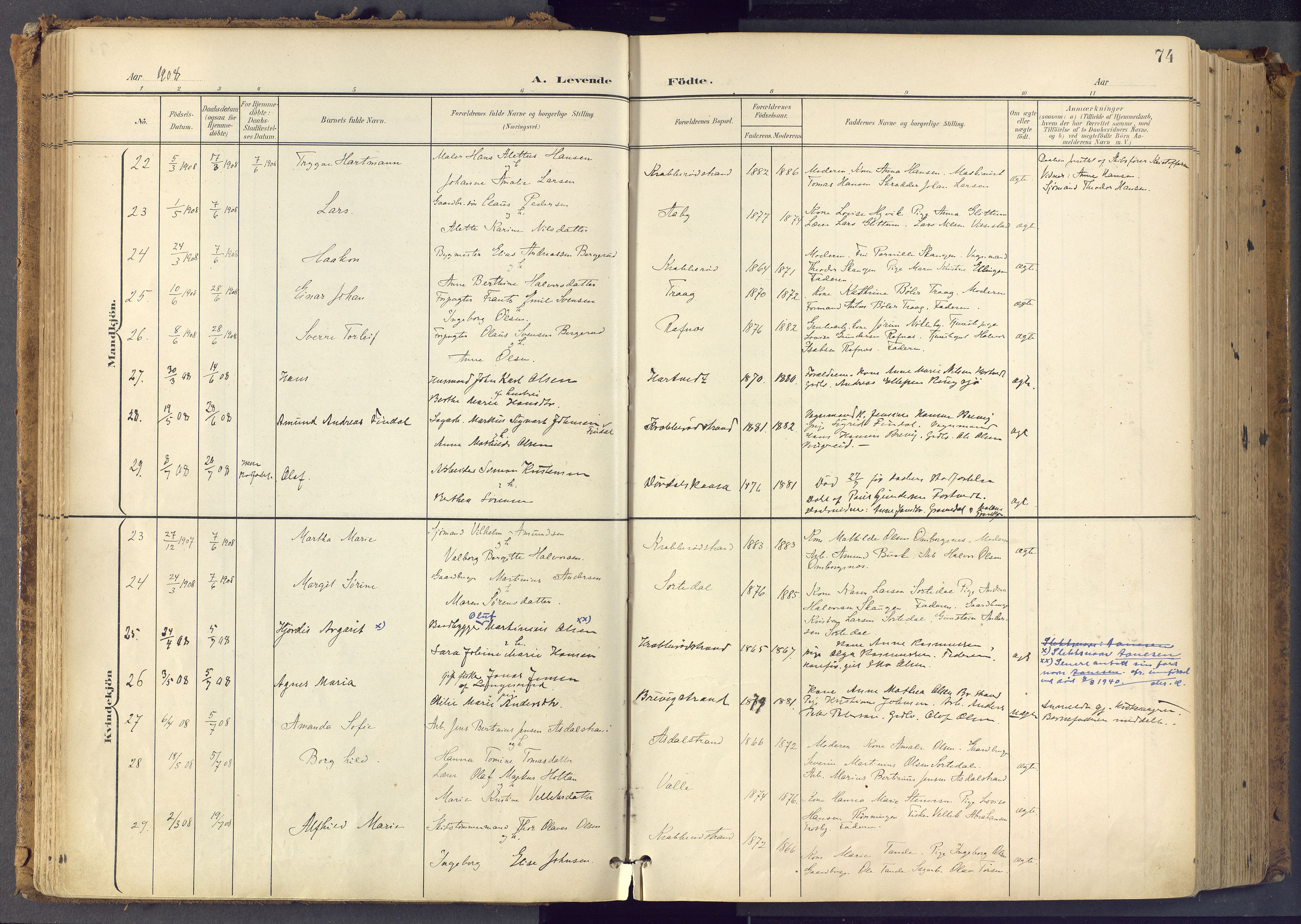Bamble kirkebøker, SAKO/A-253/F/Fa/L0009: Parish register (official) no. I 9, 1901-1917, p. 74