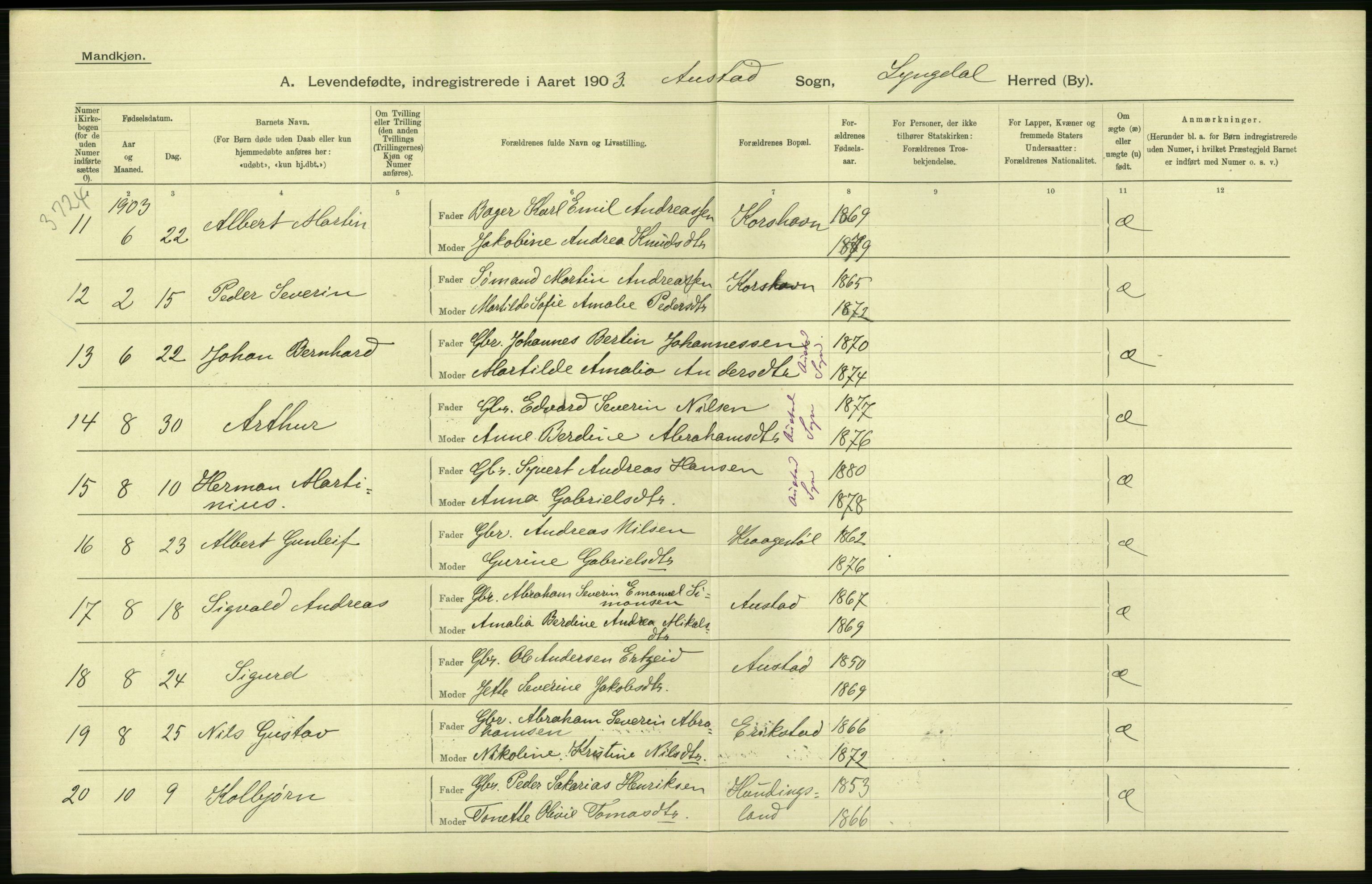 Statistisk sentralbyrå, Sosiodemografiske emner, Befolkning, AV/RA-S-2228/D/Df/Dfa/Dfaa/L0011: Lister og Mandal amt: Fødte, gifte, døde, 1903, p. 72