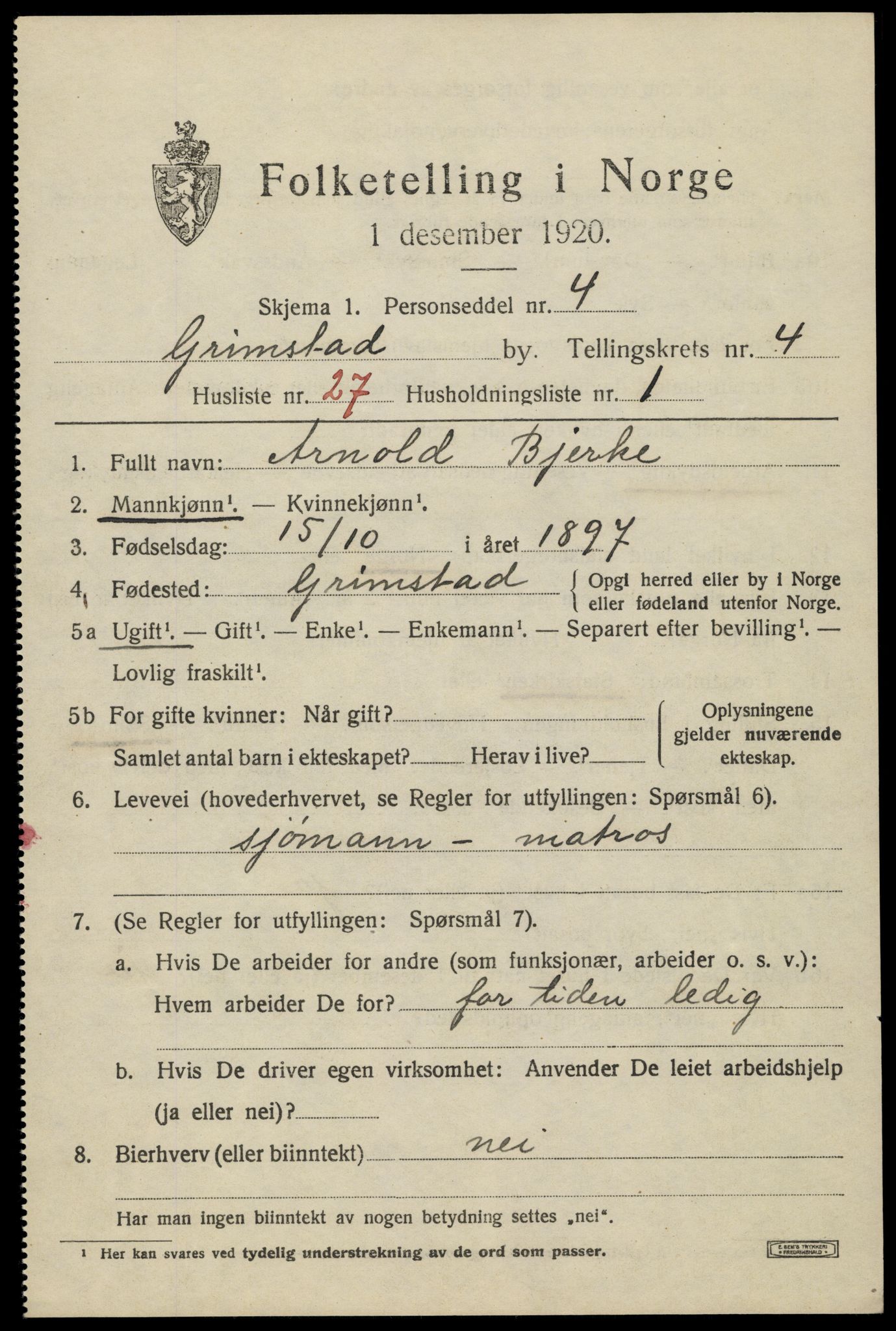 SAK, 1920 census for Grimstad, 1920, p. 5761