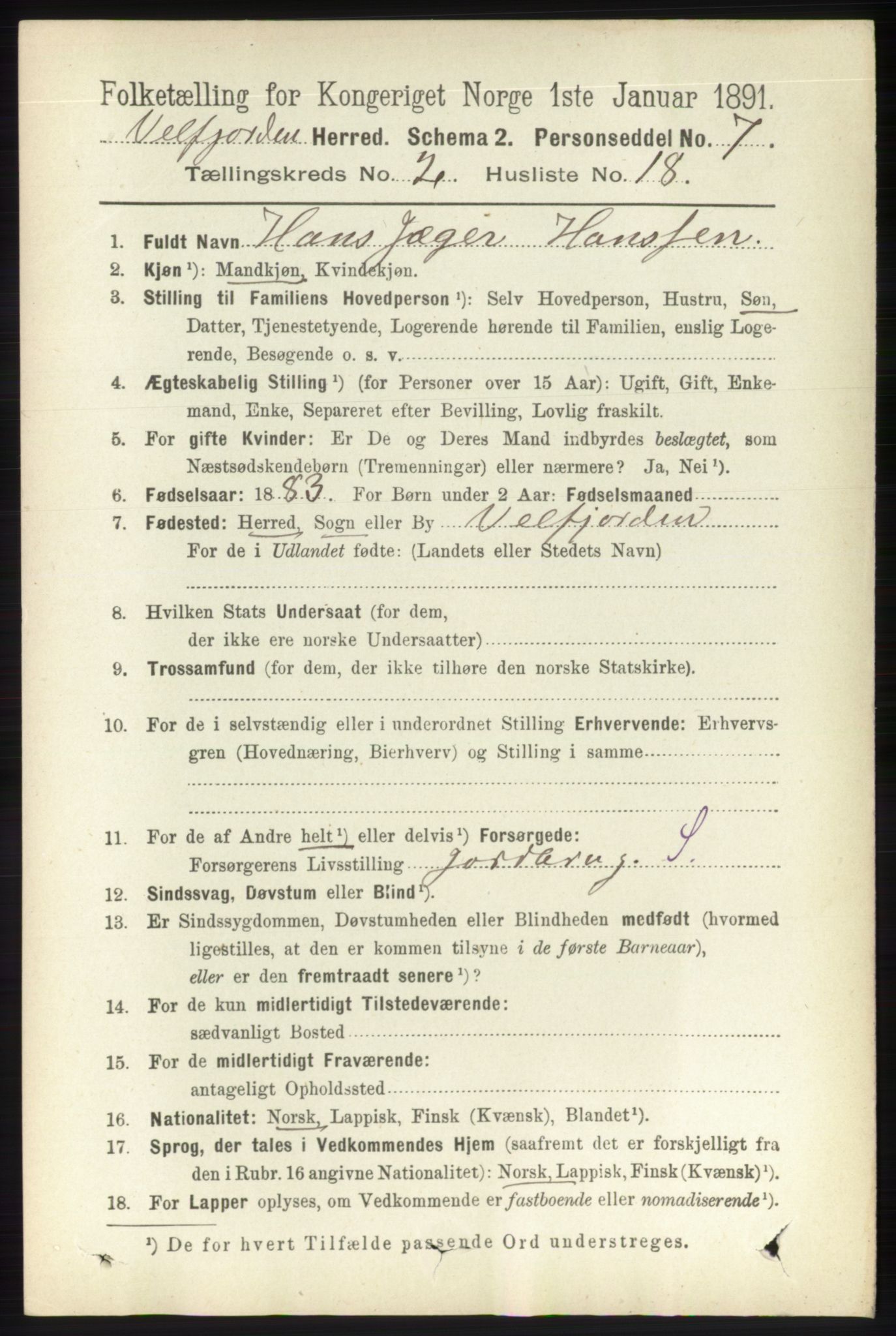 RA, 1891 census for 1813 Velfjord, 1891, p. 668