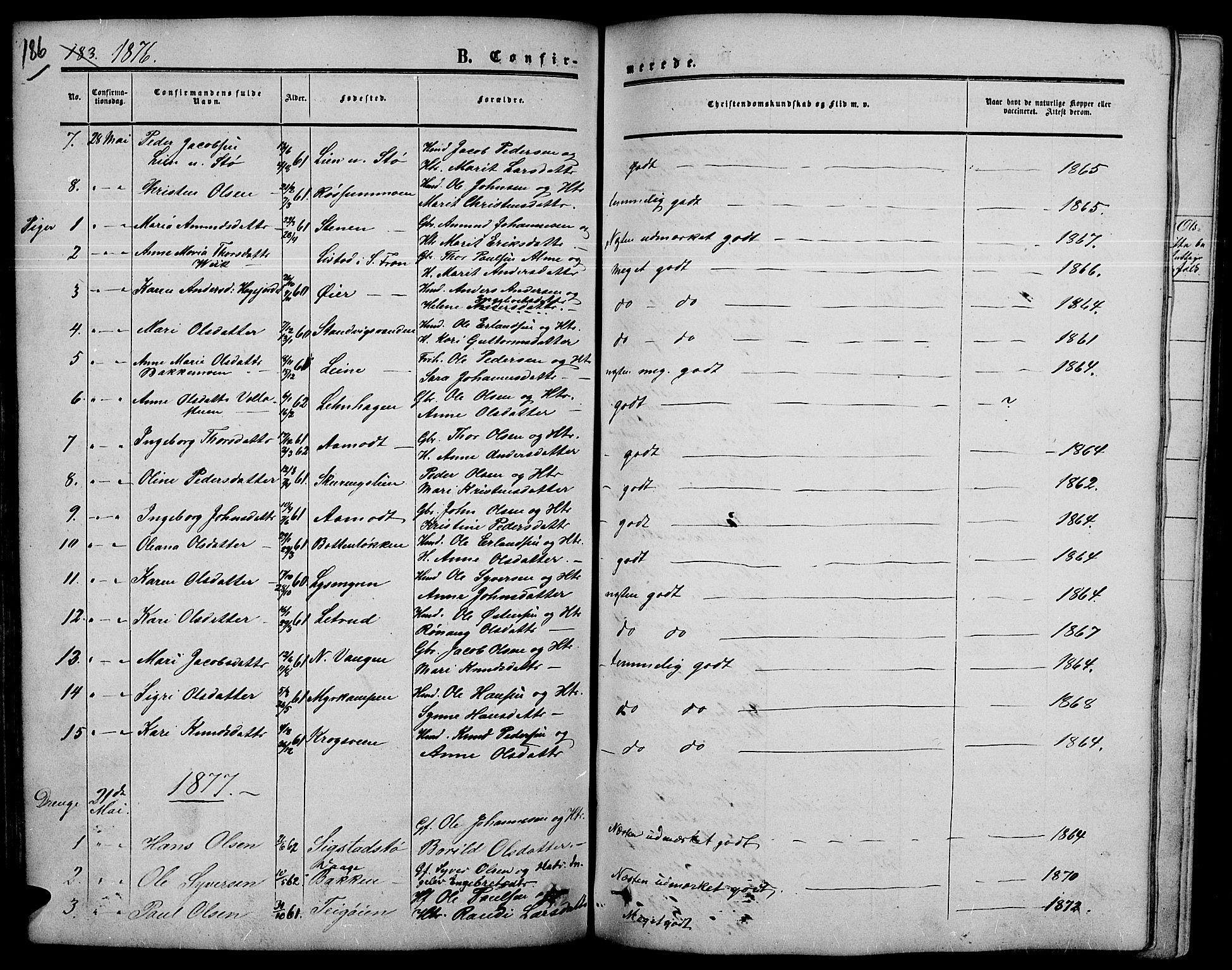 Nord-Fron prestekontor, SAH/PREST-080/H/Ha/Hab/L0003: Parish register (copy) no. 3, 1851-1886, p. 186