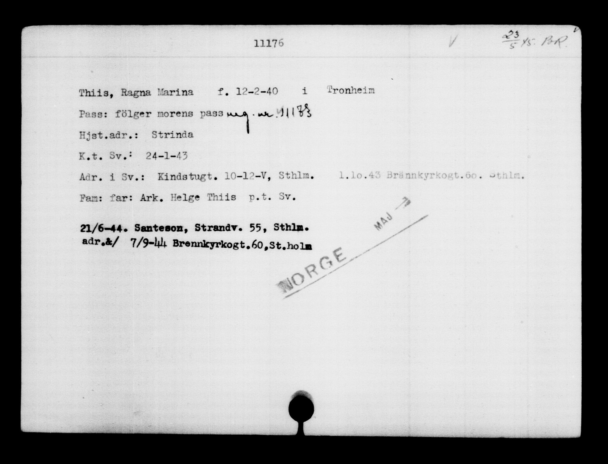 Utenriksstasjonene, Legasjonen i Stockholm, Flyktningkontoret, AV/RA-S-6753/V/Va/L0006: Kjesäterkartoteket, flyktninger med registreringsnr. 9400-12711, 1940-1945, p. 2013