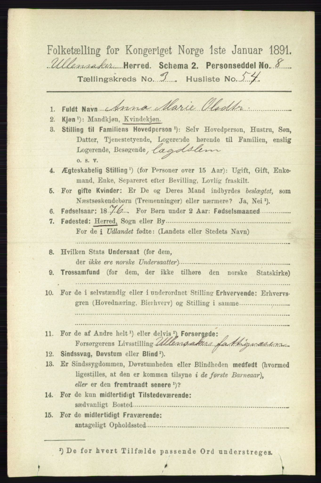 RA, 1891 census for 0235 Ullensaker, 1891, p. 1426