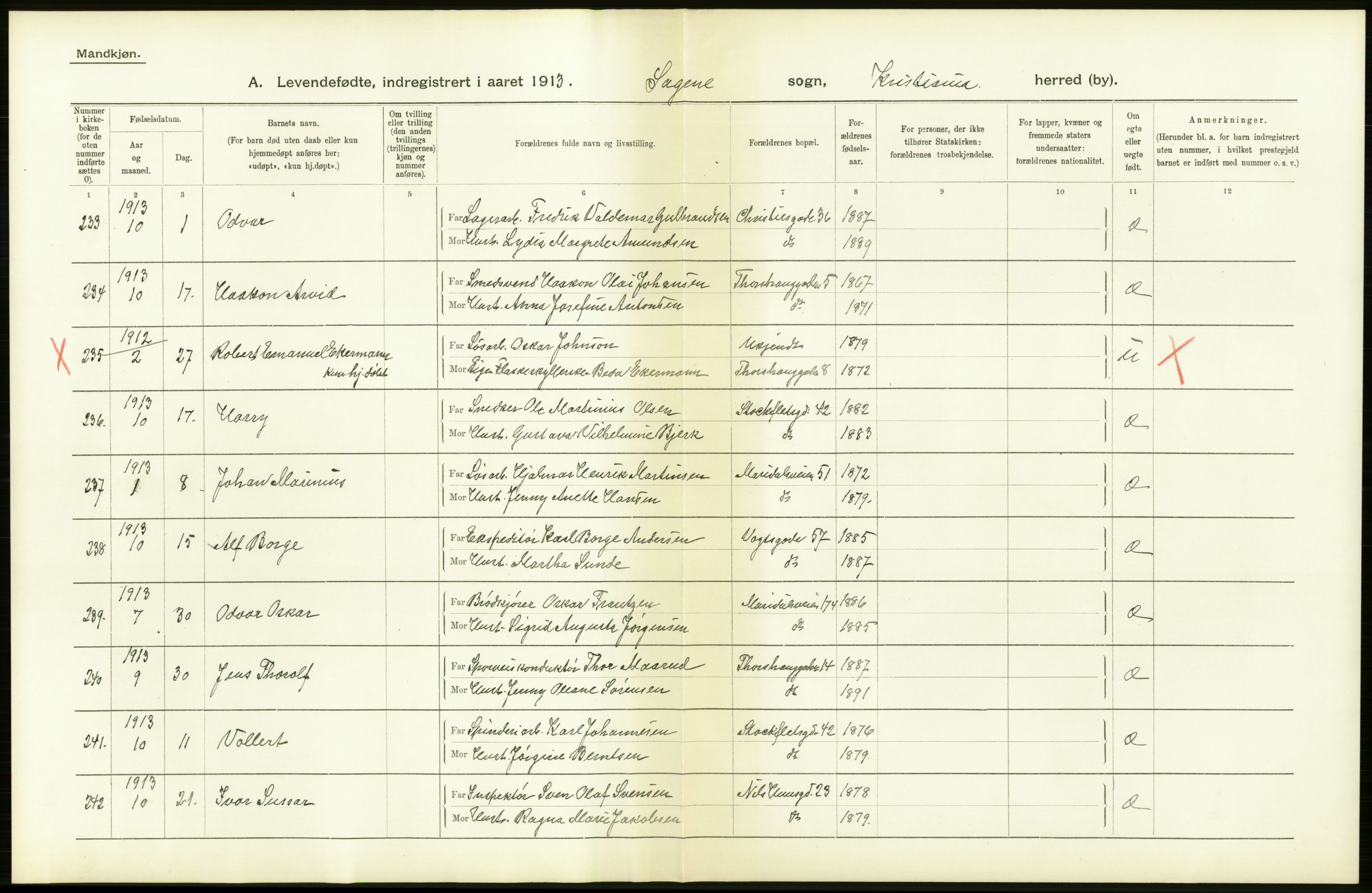 Statistisk sentralbyrå, Sosiodemografiske emner, Befolkning, AV/RA-S-2228/D/Df/Dfb/Dfbc/L0006: Kristiania: Levendefødte menn og kvinner., 1913, p. 8