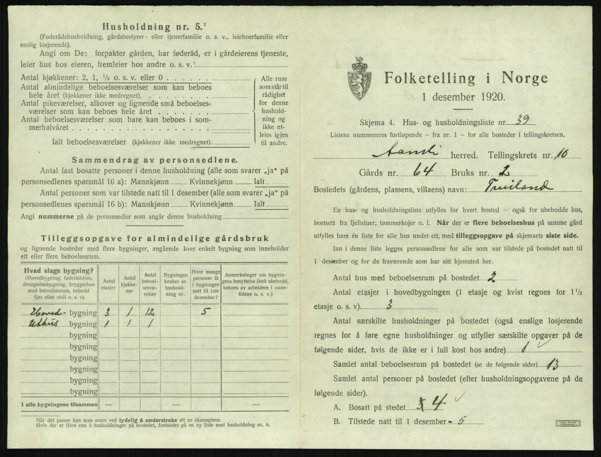 SAK, 1920 census for Åmli, 1920, p. 637