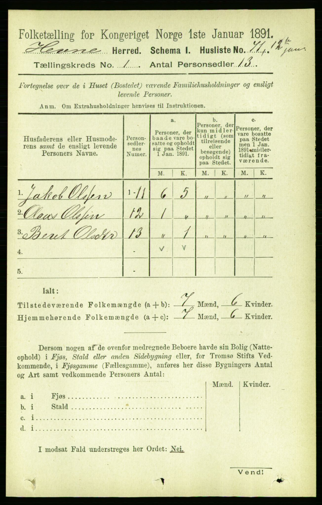 RA, 1891 census for 1612 Hemne, 1891, p. 107