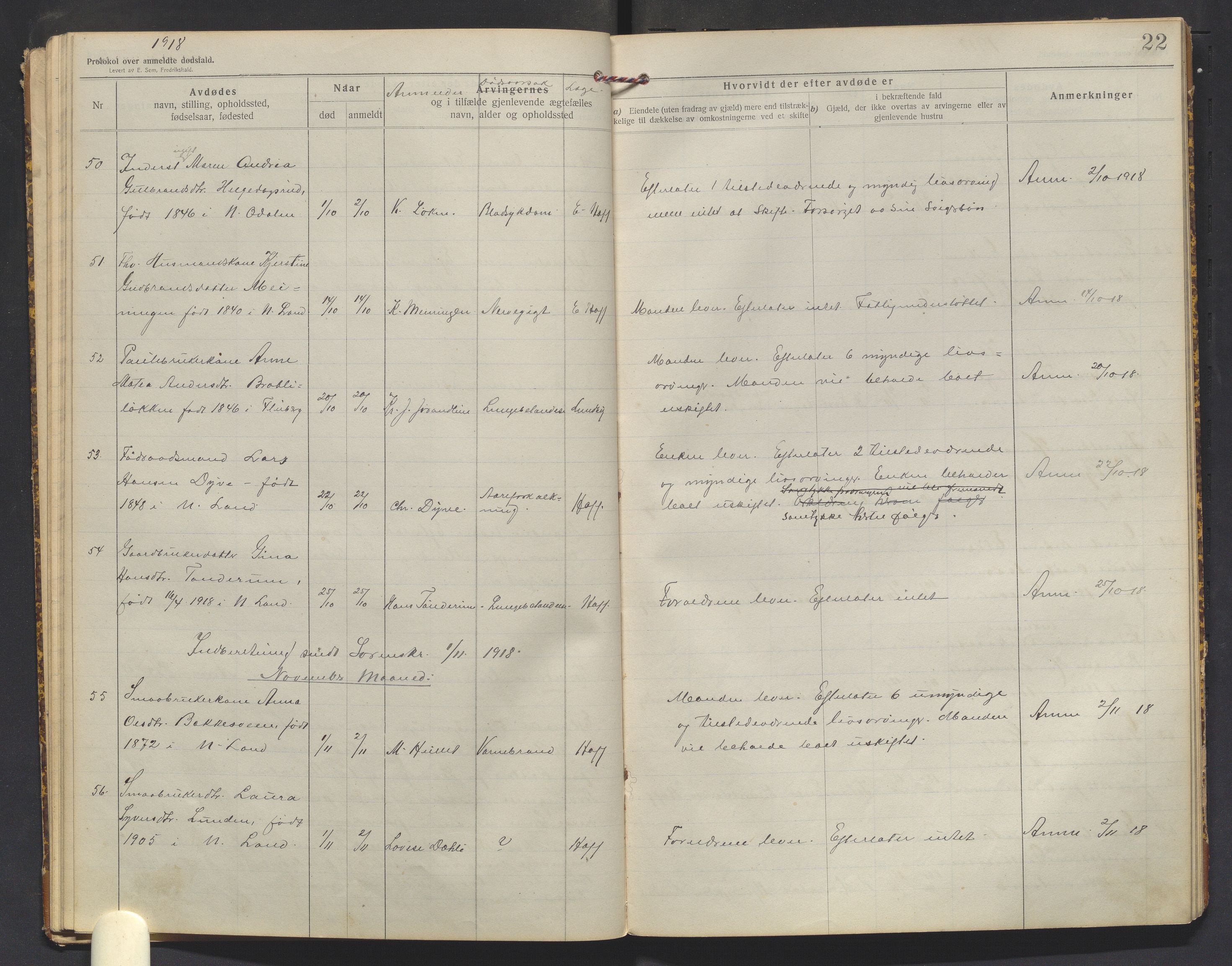 Nordre Land lensmannskontor, AV/SAH-LON-013/H/Ha/Haa/L0001/0003: Dødsfallsprotokoller / Dødsfallsprotokoll, 1916-1921, p. 22