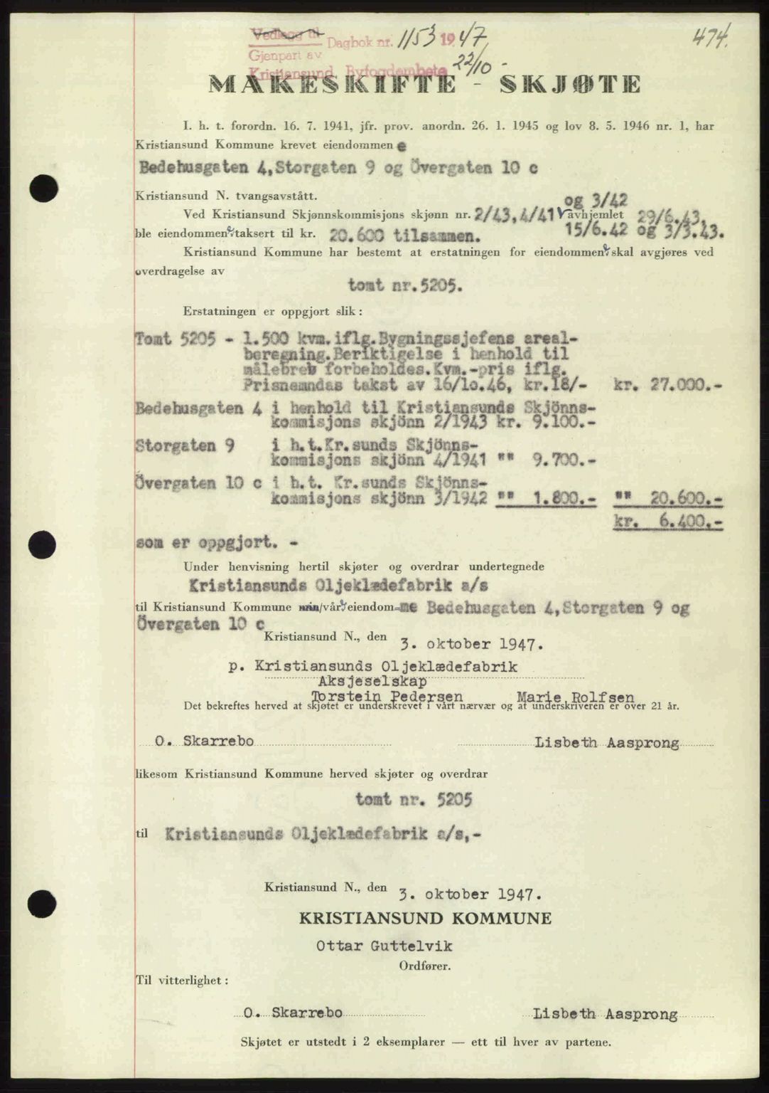 Kristiansund byfogd, AV/SAT-A-4587/A/27: Mortgage book no. 39b, 1946-1947, Diary no: : 1153/1947