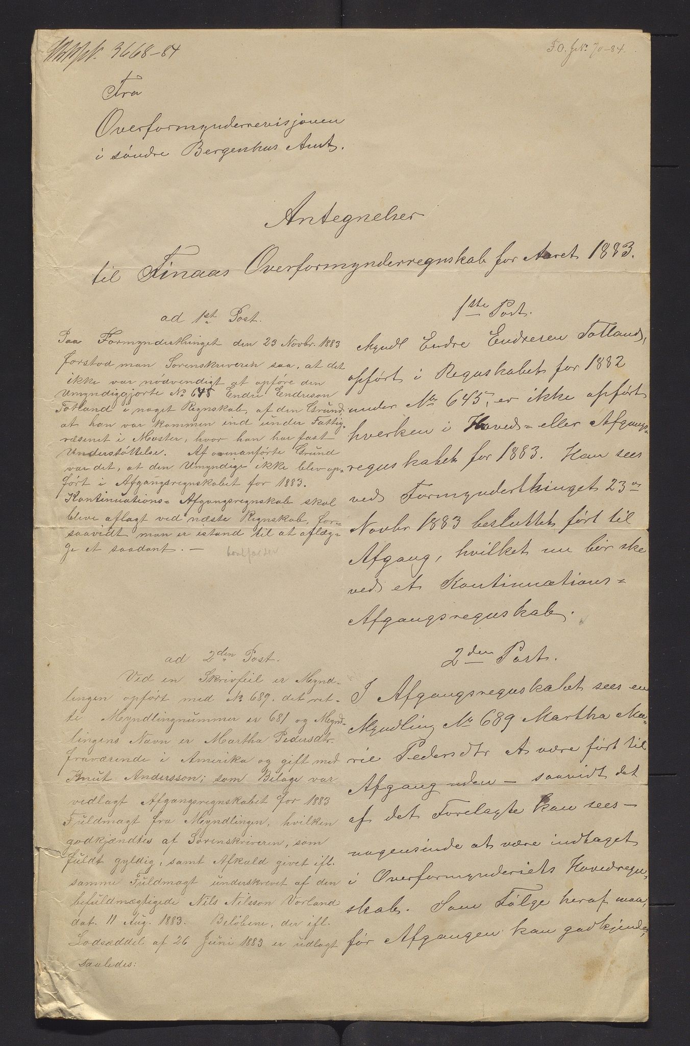 Finnaas kommune. Overformynderiet, IKAH/1218a-812/R/Ra/Raa/L0004/0005: Årlege rekneskap m/vedlegg / Årlege rekneskap m/vedlegg, 1883