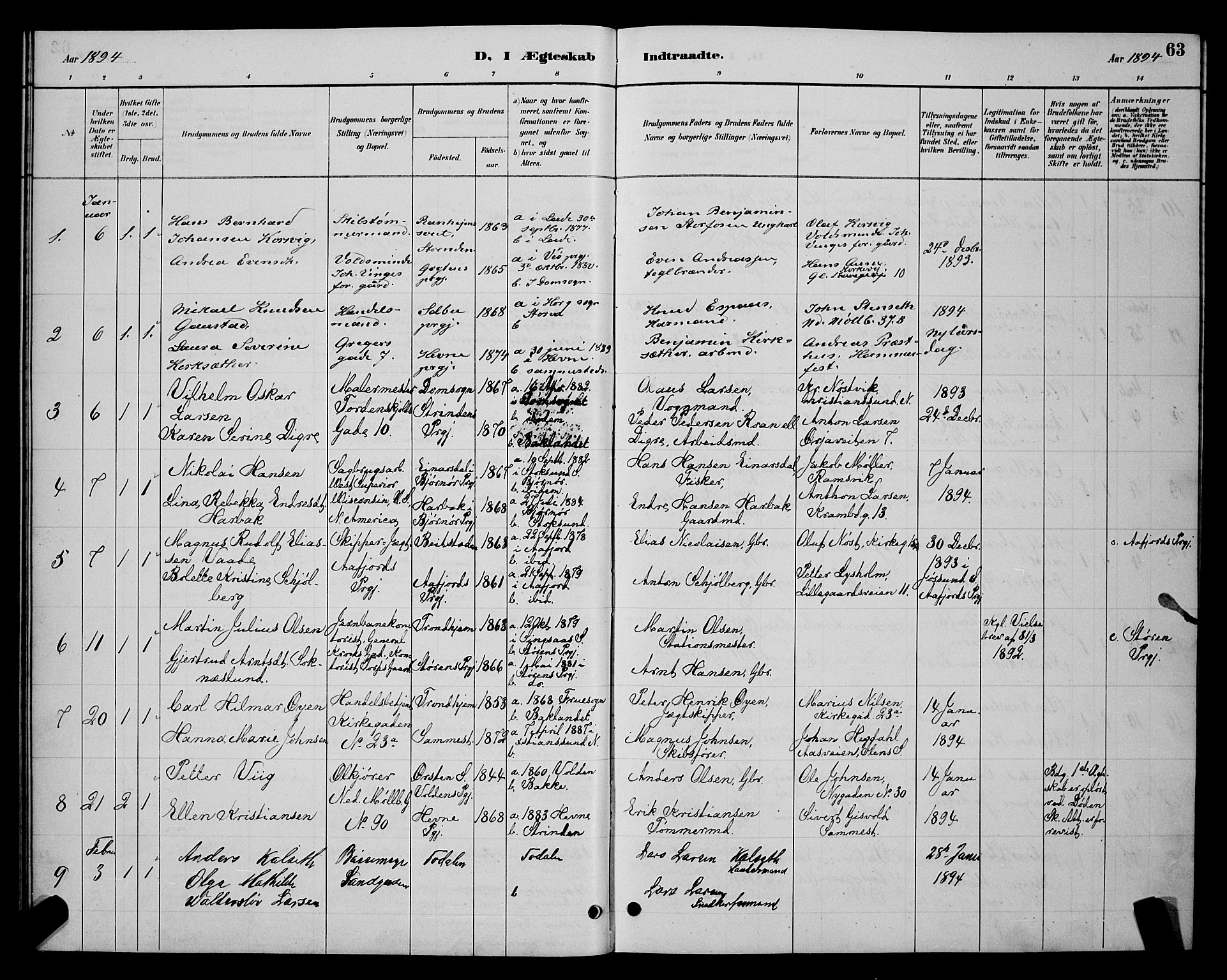 Ministerialprotokoller, klokkerbøker og fødselsregistre - Sør-Trøndelag, SAT/A-1456/604/L0223: Parish register (copy) no. 604C06, 1886-1897, p. 63