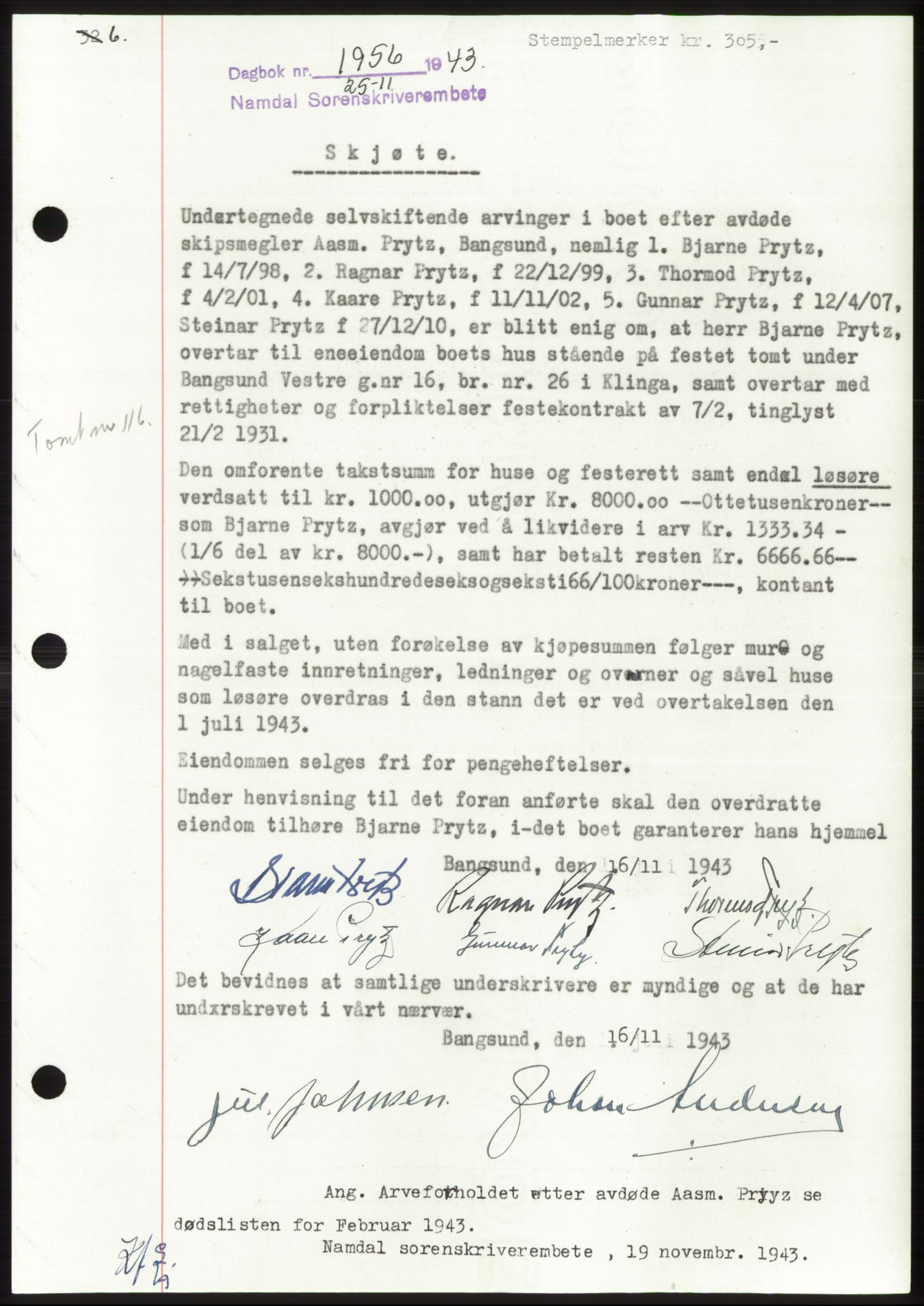 Namdal sorenskriveri, AV/SAT-A-4133/1/2/2C: Mortgage book no. -, 1943-1944, Diary no: : 1956/1943