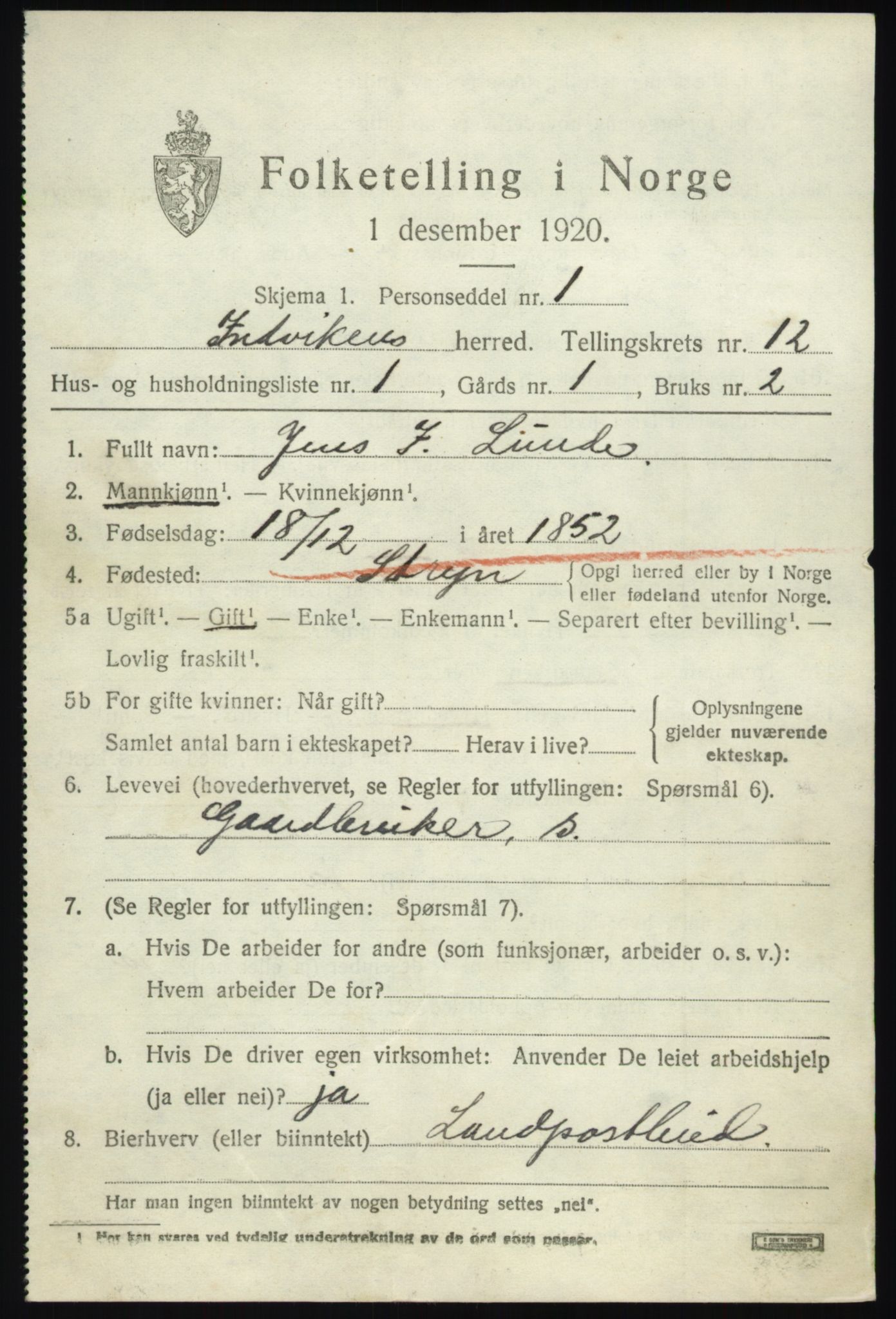 SAB, 1920 census for Innvik, 1920, p. 4879