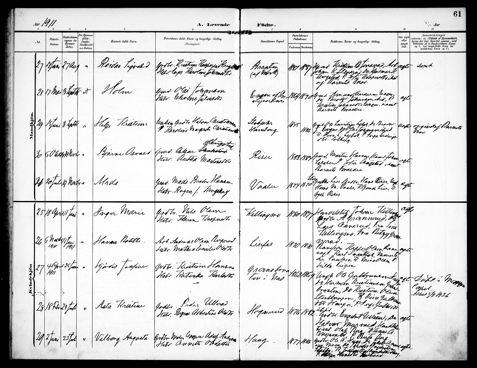 Aurskog prestekontor Kirkebøker, SAO/A-10304a/F/Fa/L0011: Parish register (official) no. I 11, 1905-1911, p. 61