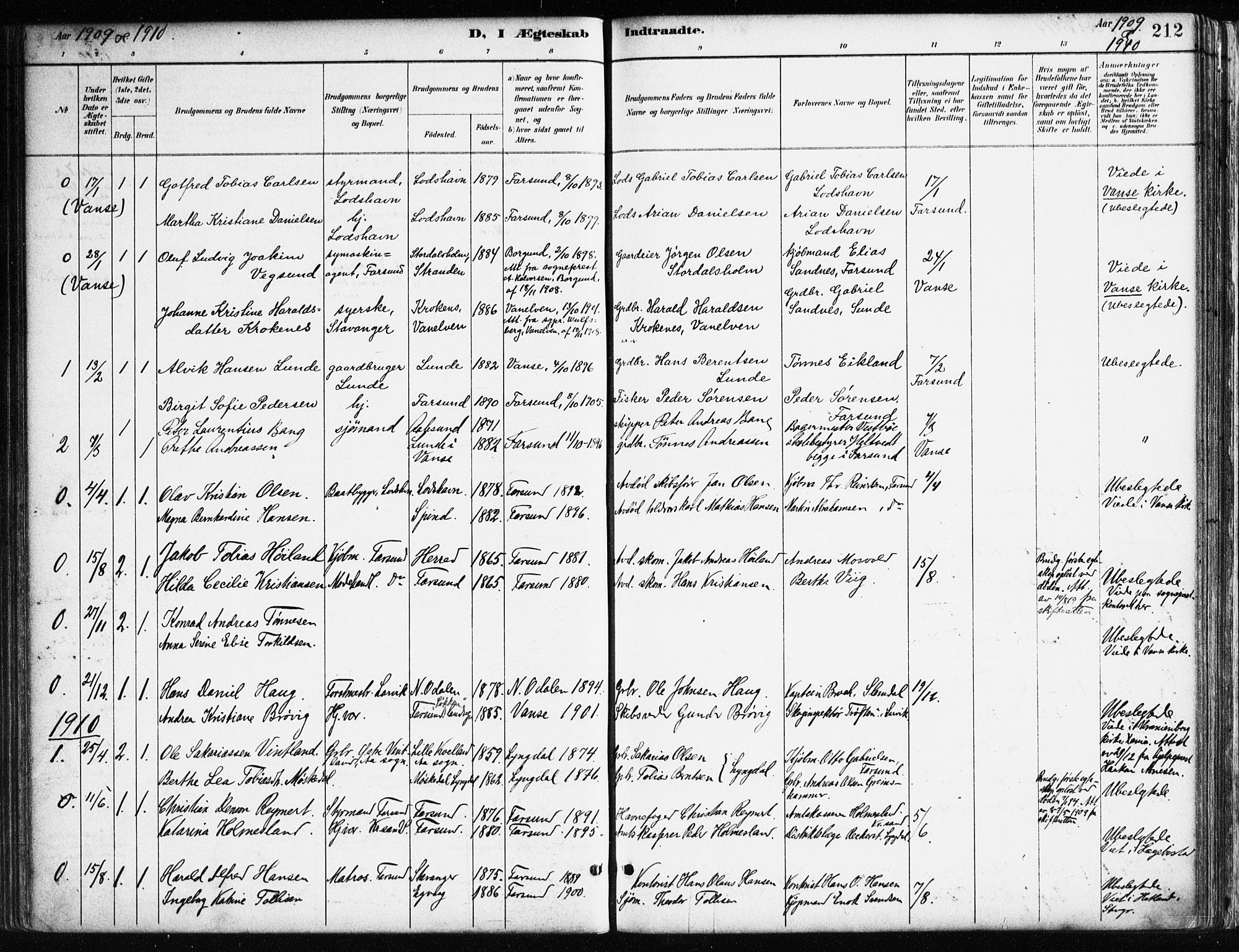 Farsund sokneprestkontor, AV/SAK-1111-0009/F/Fa/L0006: Parish register (official) no. A 6, 1887-1920, p. 212