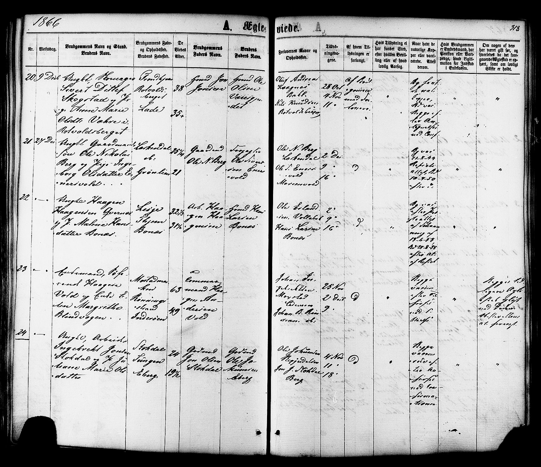 Ministerialprotokoller, klokkerbøker og fødselsregistre - Sør-Trøndelag, SAT/A-1456/606/L0293: Parish register (official) no. 606A08, 1866-1877, p. 318