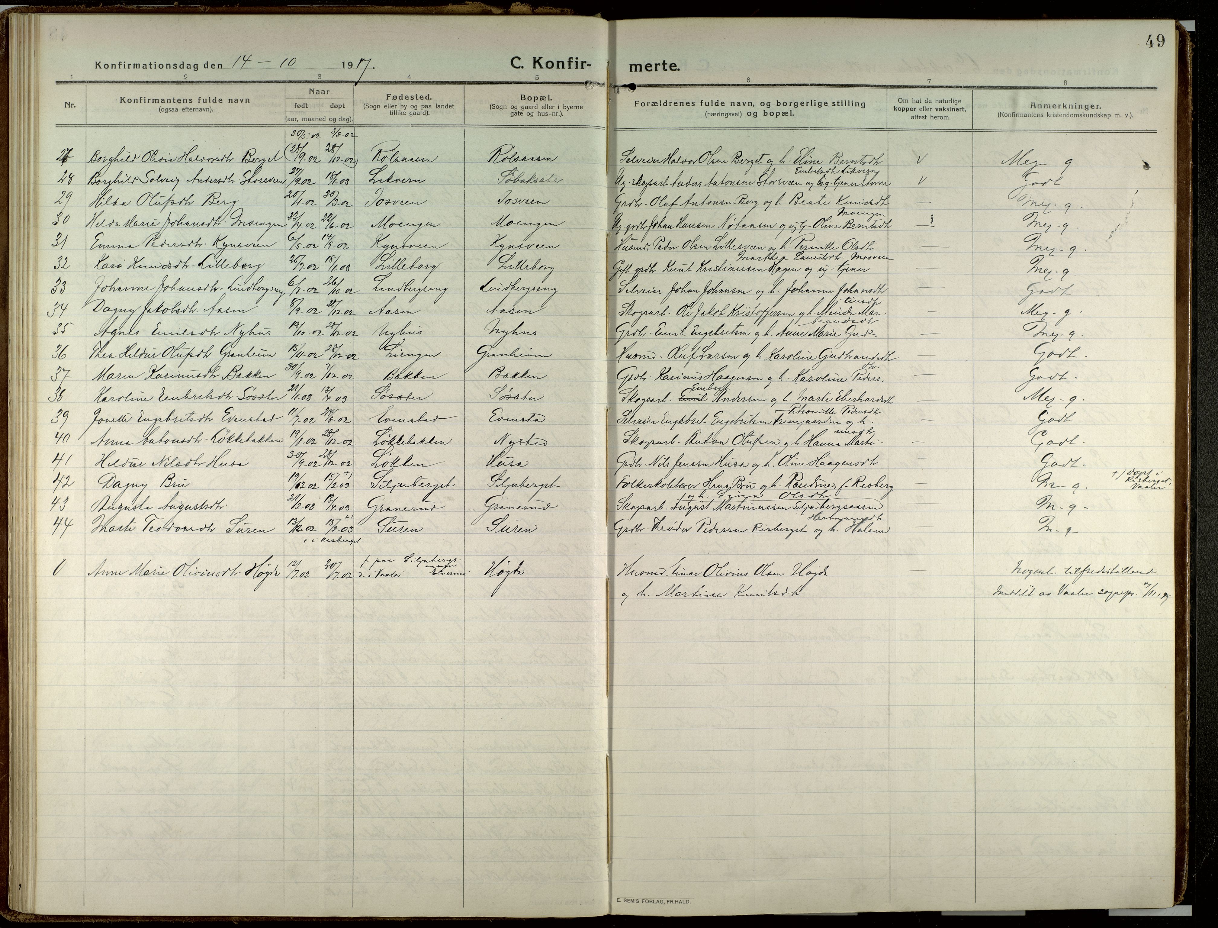 Elverum prestekontor, SAH/PREST-044/H/Ha/Haa/L0023: Parish register (official) no. 23, 1914-1929, p. 49