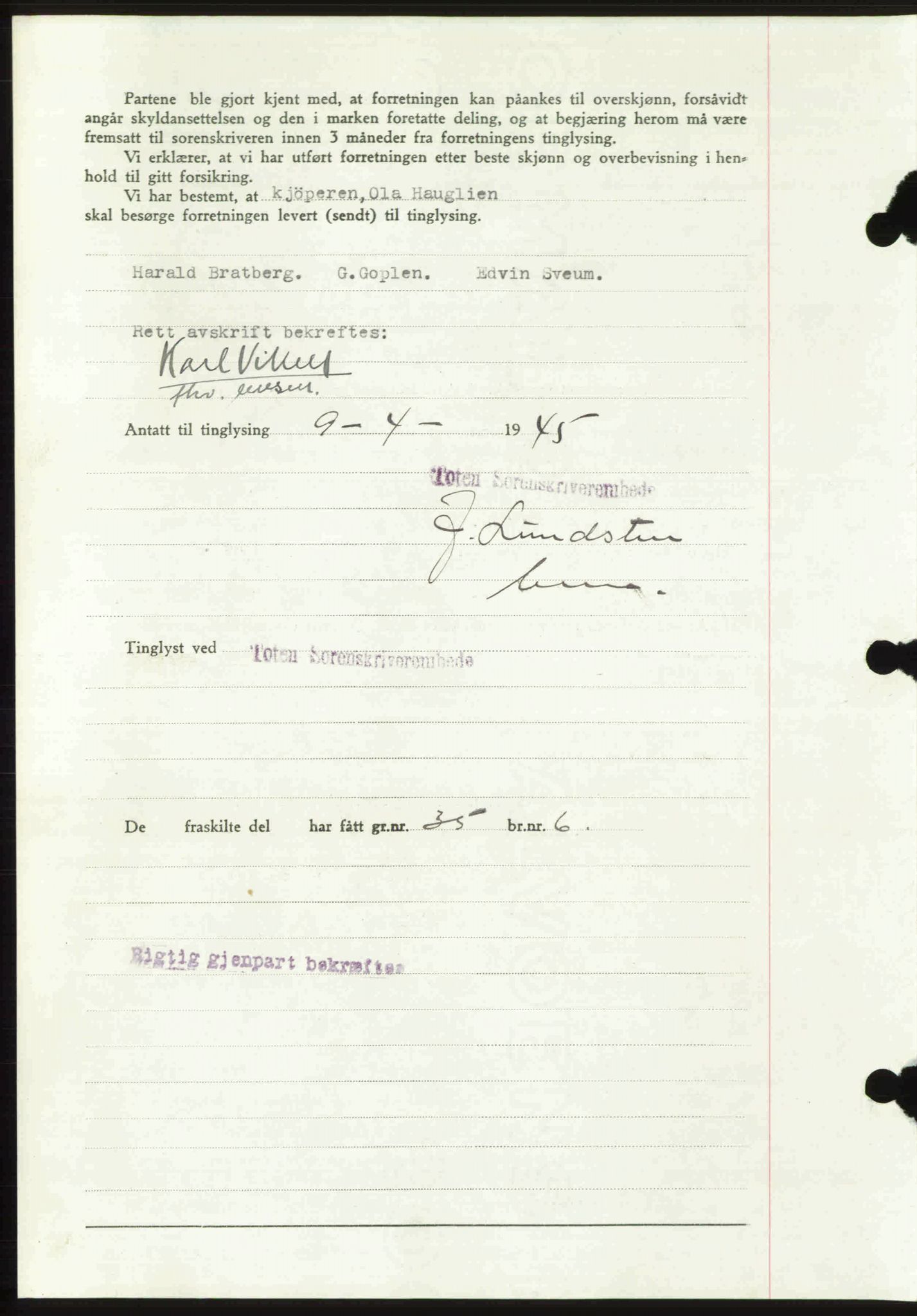Toten tingrett, SAH/TING-006/H/Hb/Hbc/L0013: Mortgage book no. Hbc-13, 1945-1945, Diary no: : 532/1945