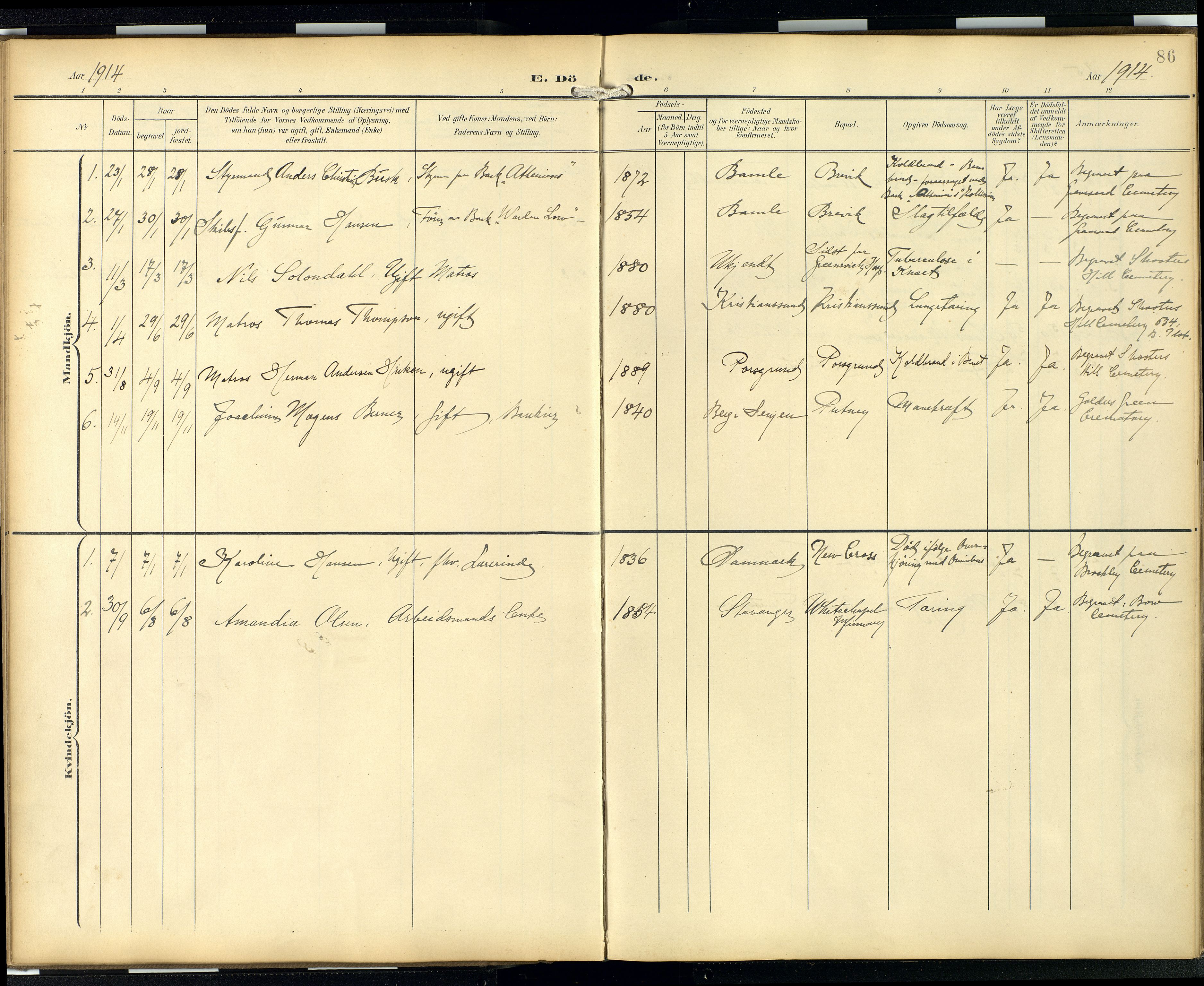 Den norske sjømannsmisjon i utlandet/London m/bistasjoner, AV/SAB-SAB/PA-0103/H/Ha/L0003: Parish register (official) no. A 3, 1903-1934, p. 85b-86a