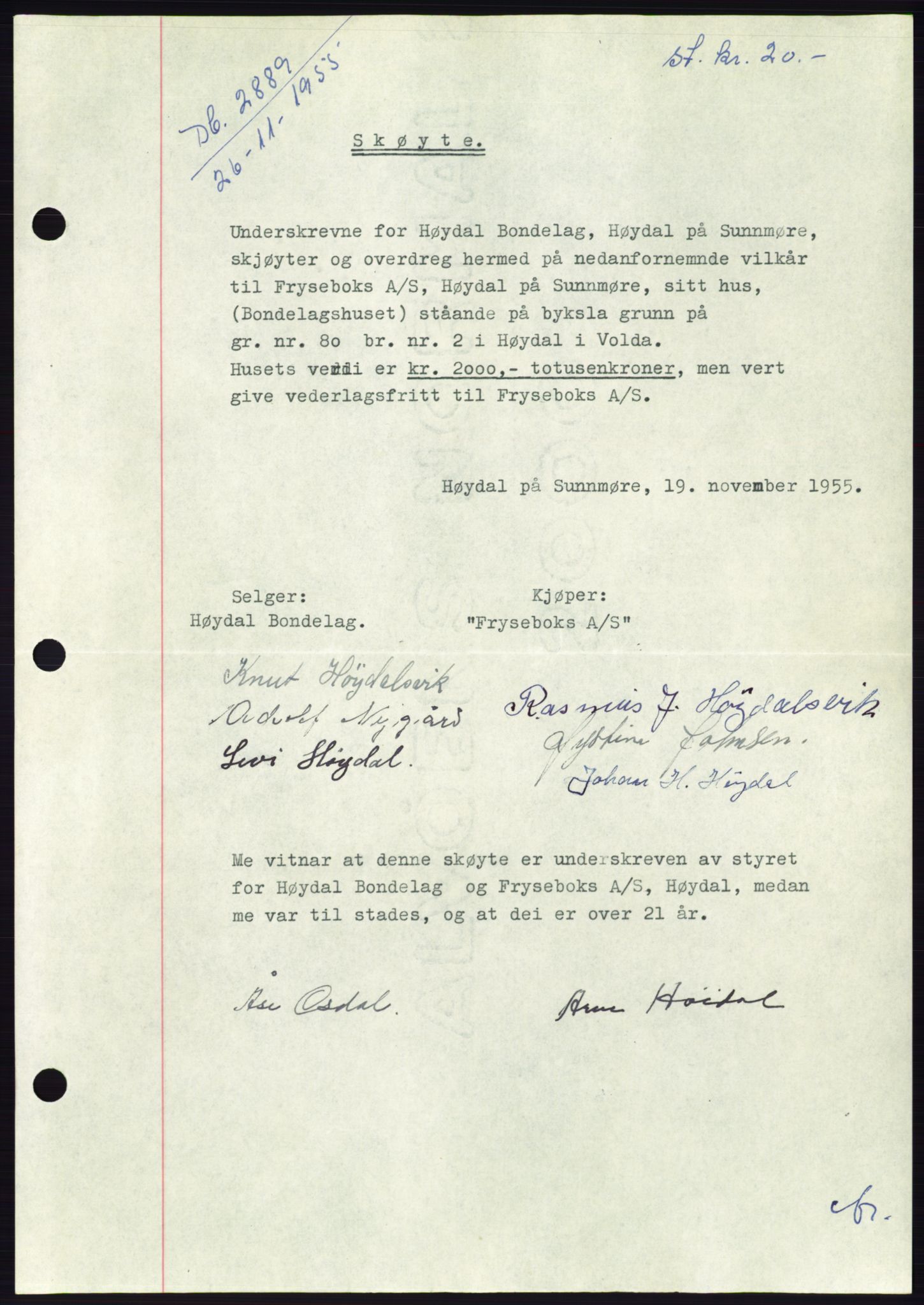 Søre Sunnmøre sorenskriveri, AV/SAT-A-4122/1/2/2C/L0102: Mortgage book no. 28A, 1955-1956, Diary no: : 2889/1955