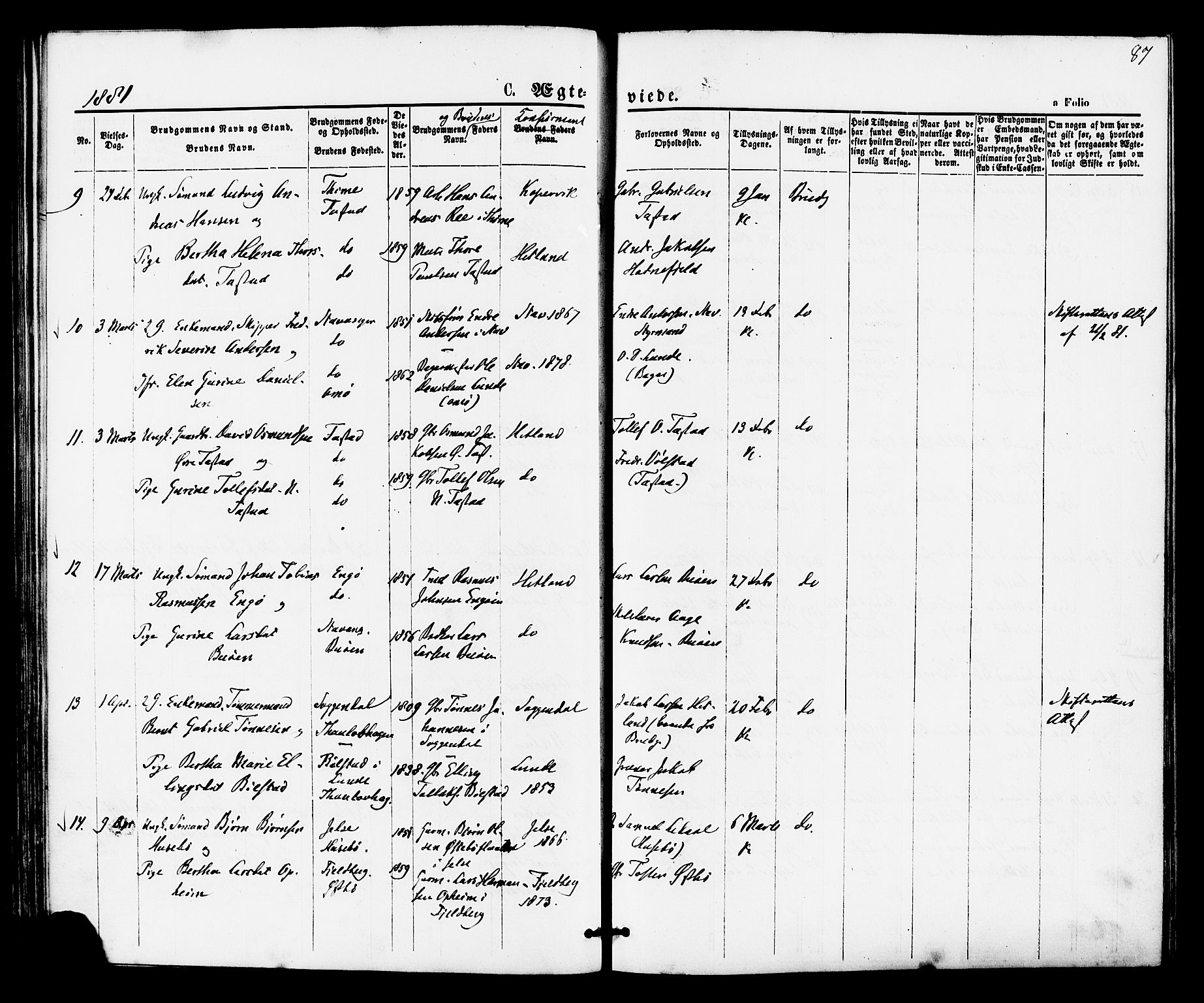 Hetland sokneprestkontor, AV/SAST-A-101826/30/30BA/L0005: Parish register (official) no. A 5, 1869-1884, p. 87