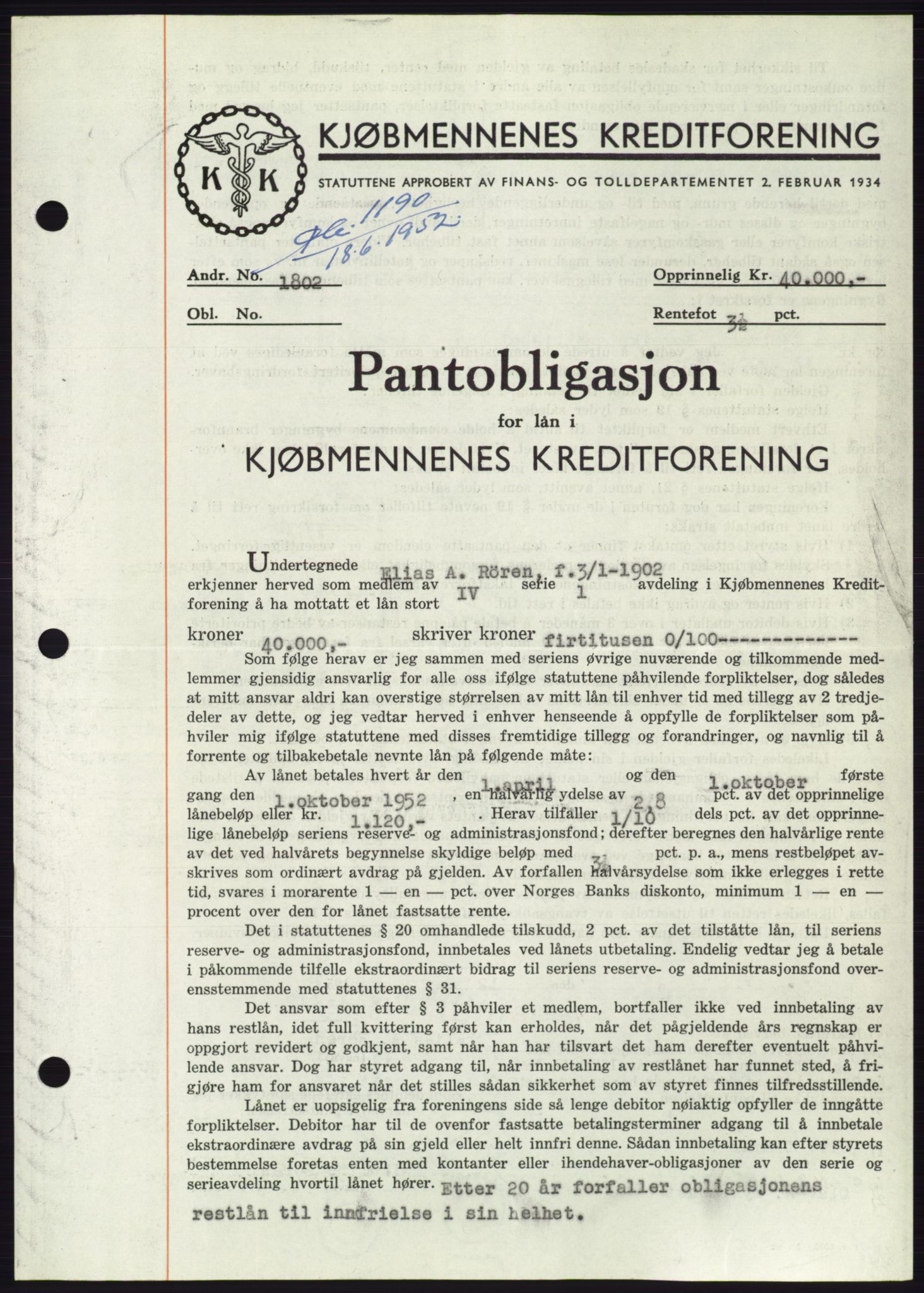 Søre Sunnmøre sorenskriveri, AV/SAT-A-4122/1/2/2C/L0121: Mortgage book no. 9B, 1951-1952, Diary no: : 1190/1952