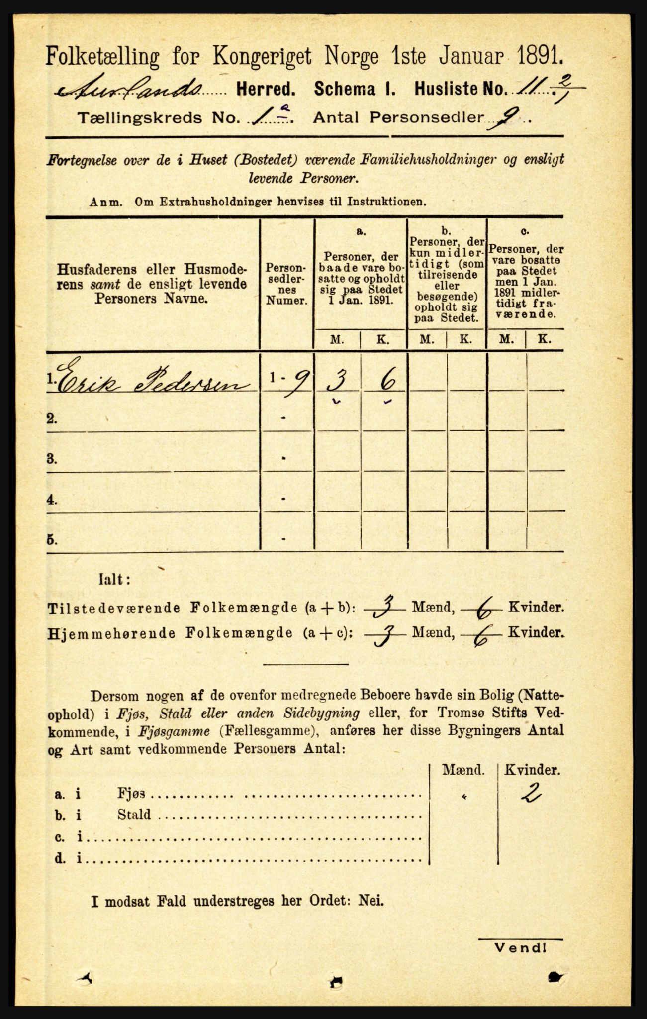 RA, 1891 census for 1421 Aurland, 1891, p. 30