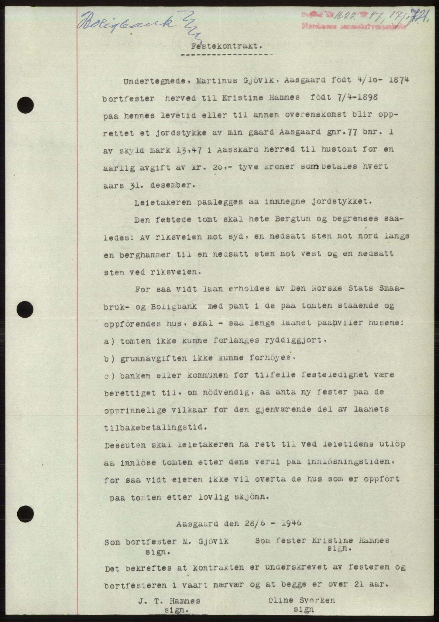 Nordmøre sorenskriveri, AV/SAT-A-4132/1/2/2Ca: Mortgage book no. B96, 1947-1947, Diary no: : 1622/1947