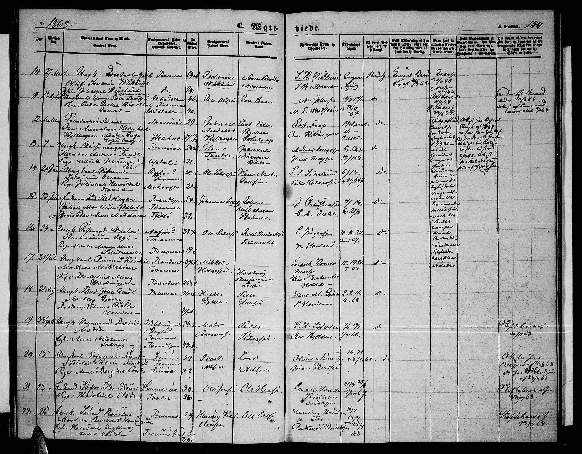 Tromsø sokneprestkontor/stiftsprosti/domprosti, AV/SATØ-S-1343/G/Gb/L0007klokker: Parish register (copy) no. 7, 1867-1875, p. 154