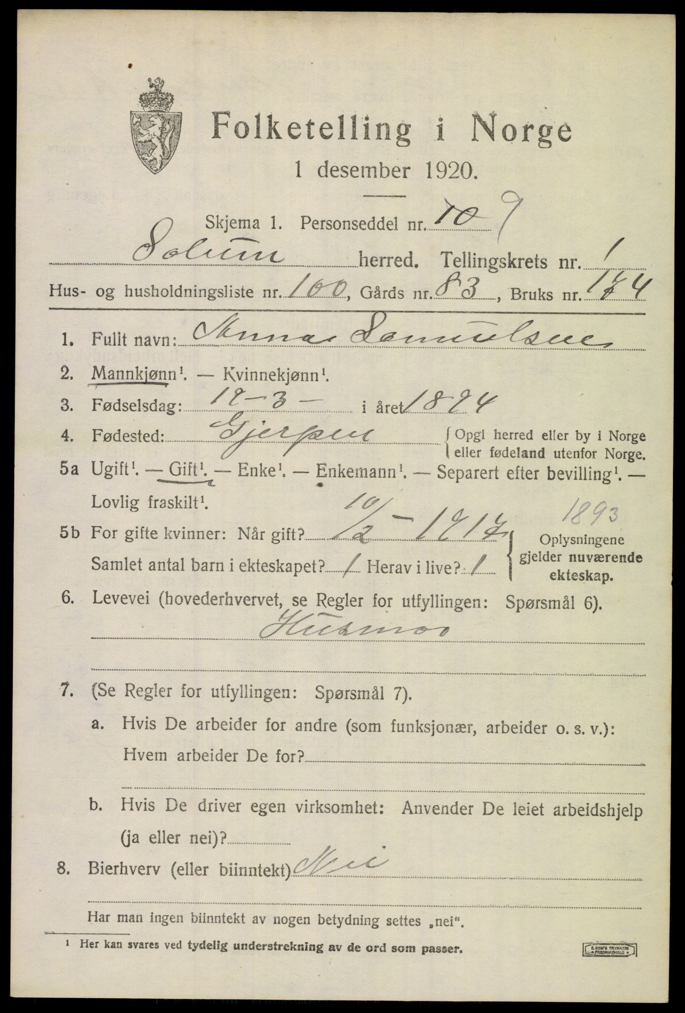 SAKO, 1920 census for Solum, 1920, p. 4036