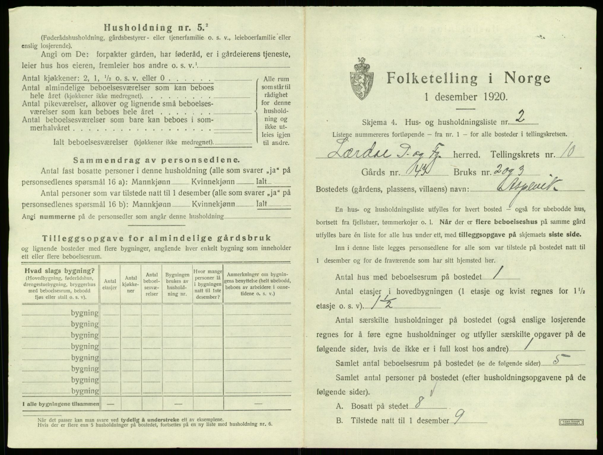 SAB, 1920 census for Lærdal, 1920, p. 790