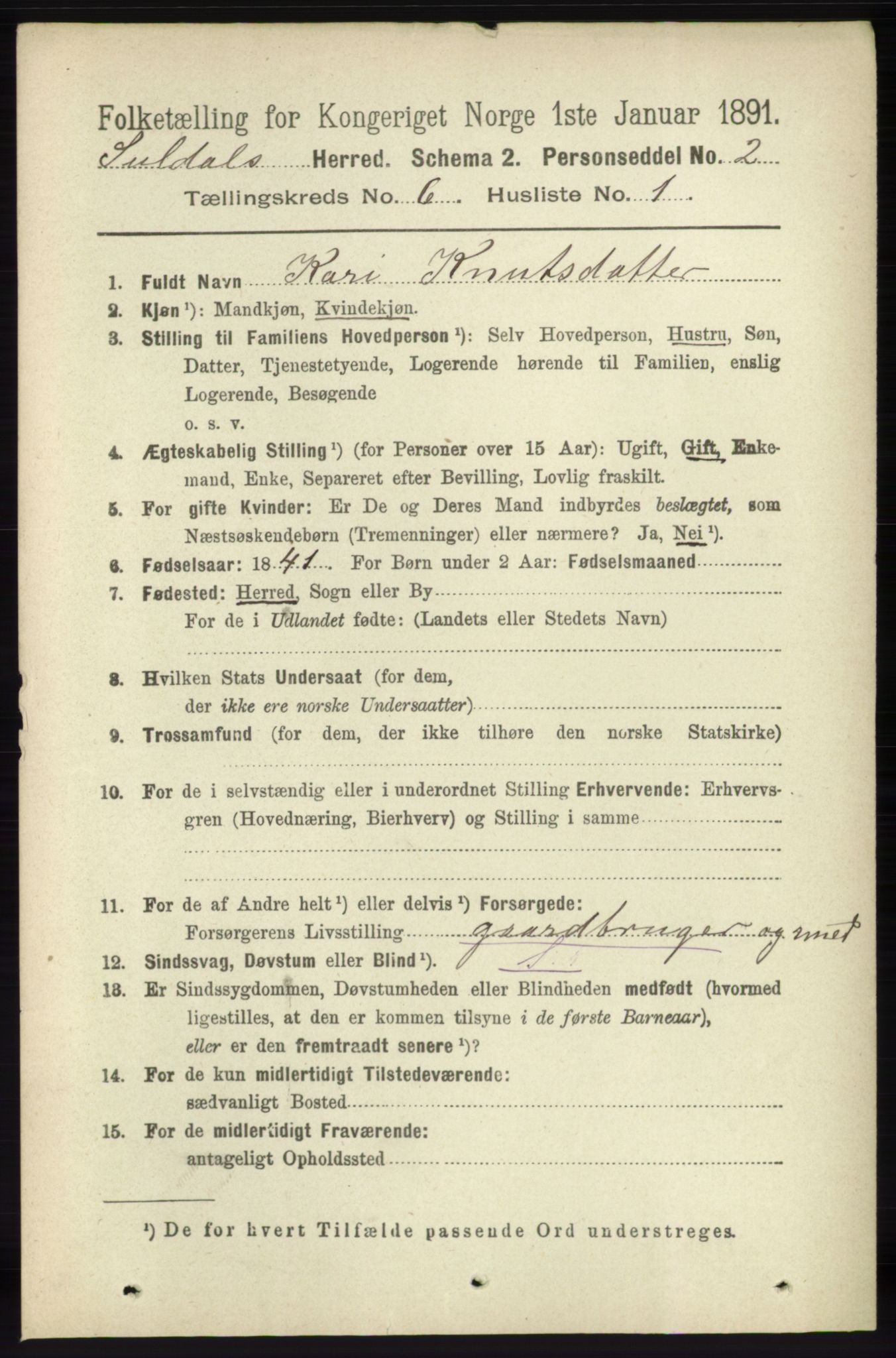 RA, 1891 census for 1134 Suldal, 1891, p. 1596