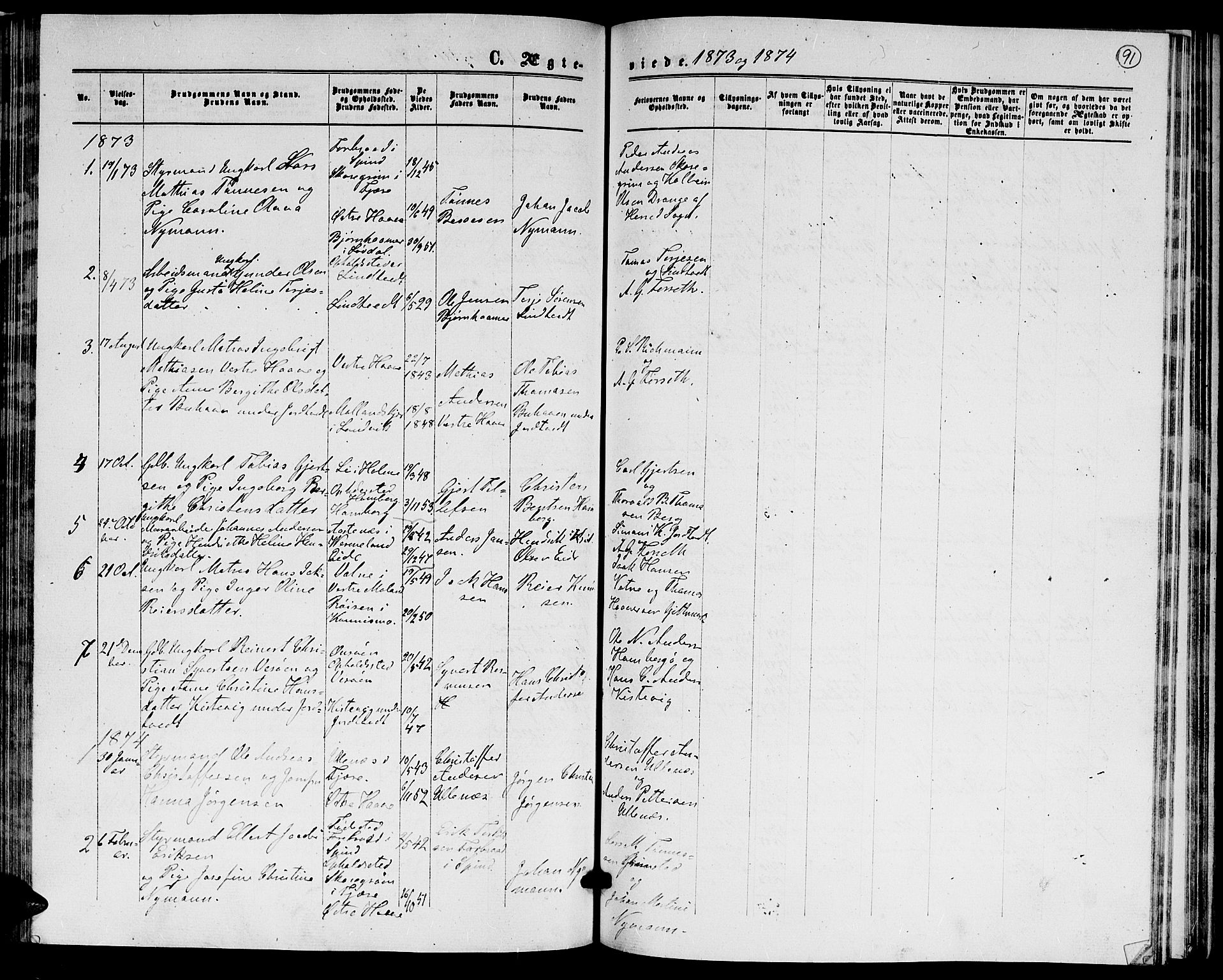 Hommedal sokneprestkontor, AV/SAK-1111-0023/F/Fb/Fba/L0003: Parish register (copy) no. B 3, 1863-1884, p. 91