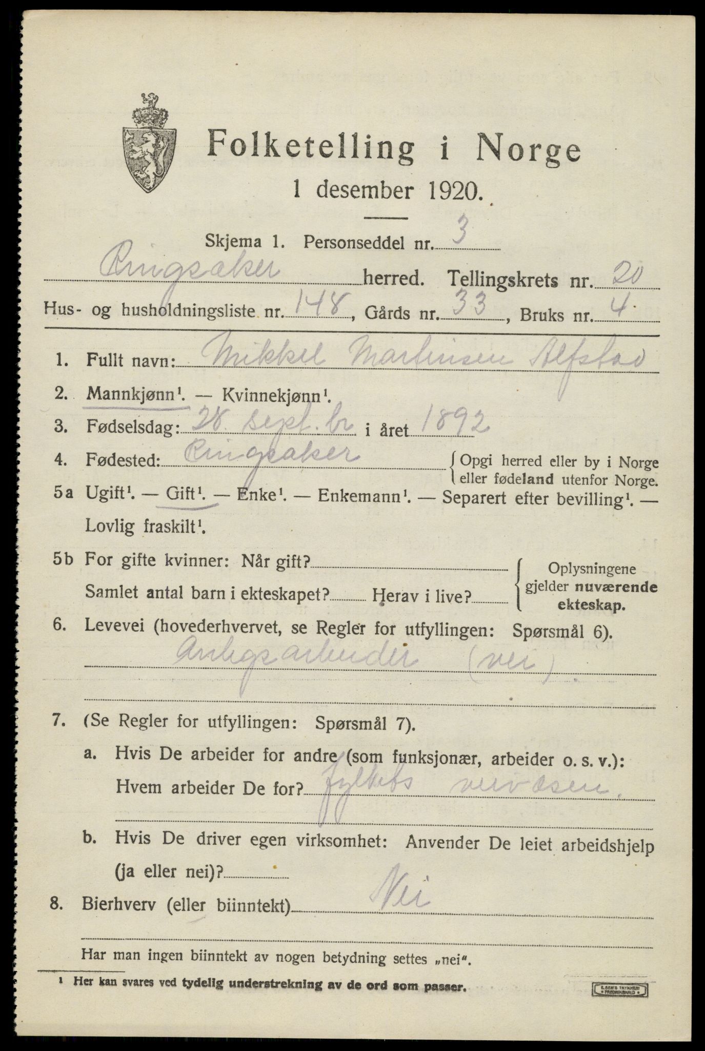 SAH, 1920 census for Ringsaker, 1920, p. 28588