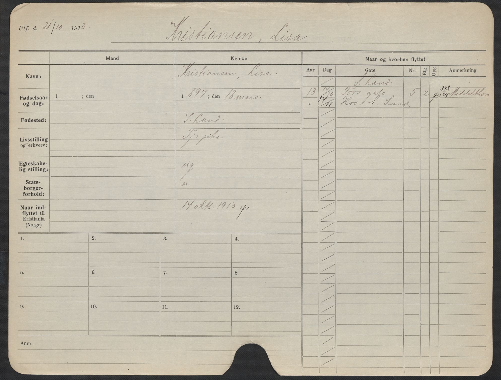 Oslo folkeregister, Registerkort, AV/SAO-A-11715/F/Fa/Fac/L0019: Kvinner, 1906-1914, p. 378a